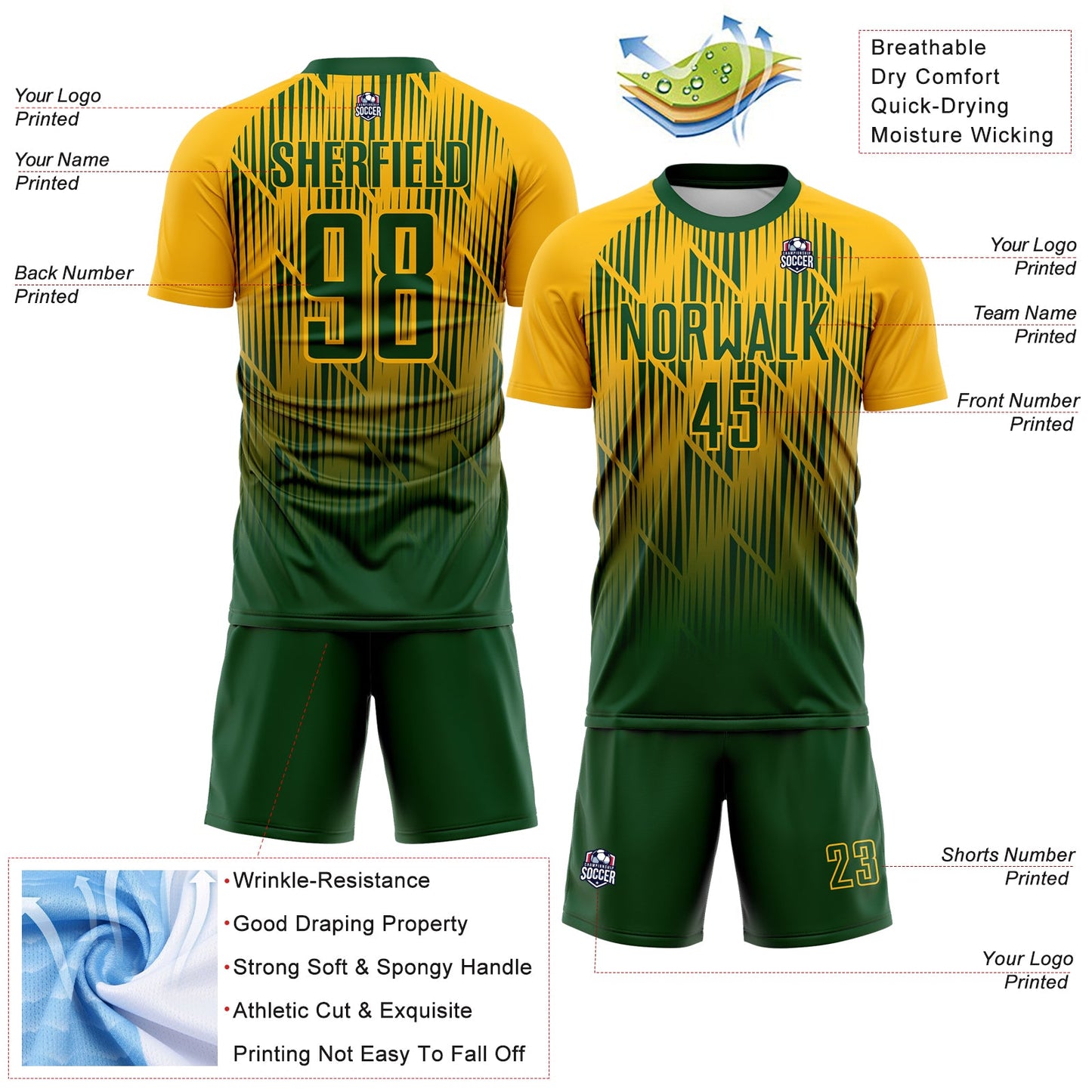 Custom Green-Gold Spiked Sharp Lines Gradient Sublimation Soccer Uniform Jersey view 4