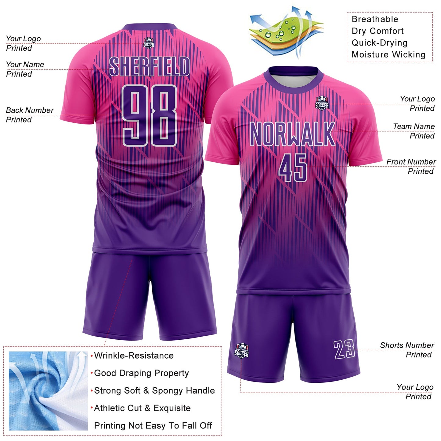 Custom Purple Pink-White Spiked Sharp Lines Gradient Sublimation Soccer Uniform Jersey view 4