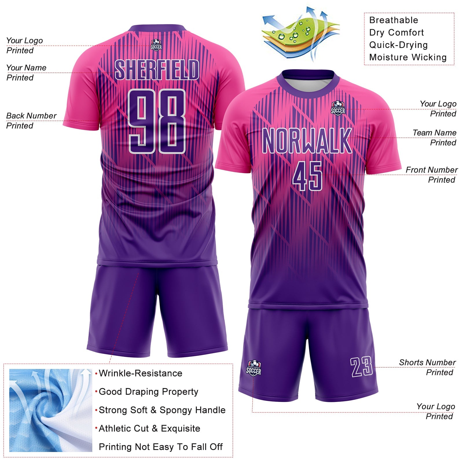 Custom Purple Pink-White Spiked Sharp Lines Gradient Sublimation Soccer Uniform Jersey view 4