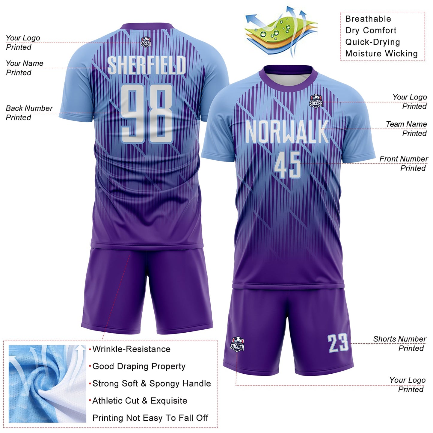 Custom Purple White-Light Blue Spiked Sharp Lines Gradient Sublimation Soccer Uniform Jersey view 4