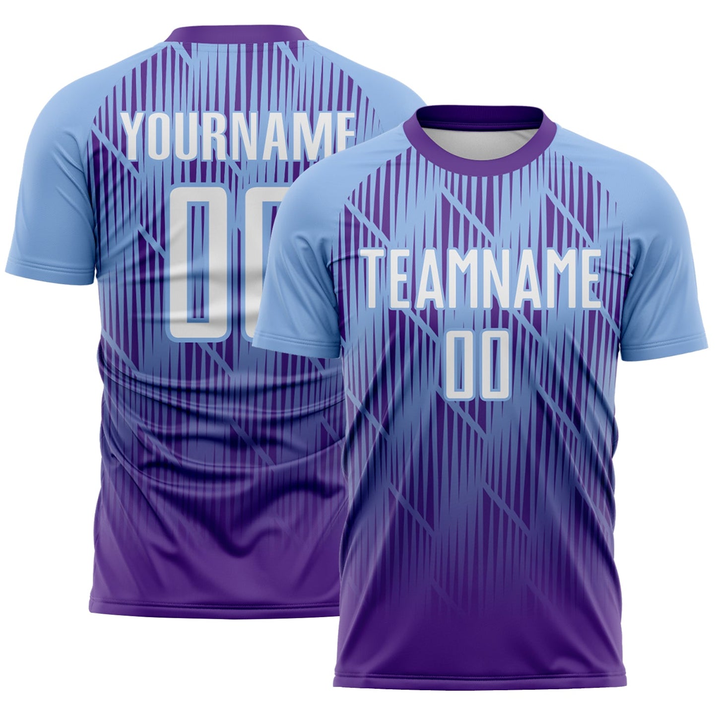 Custom Purple White-Light Blue Spiked Sharp Lines Gradient Sublimation Soccer Uniform Jersey - Main View