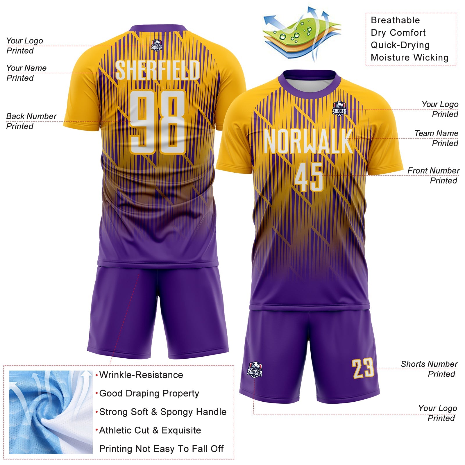 Custom Purple White-Gold Spiked Sharp Lines Gradient Sublimation Soccer Uniform Jersey view 4