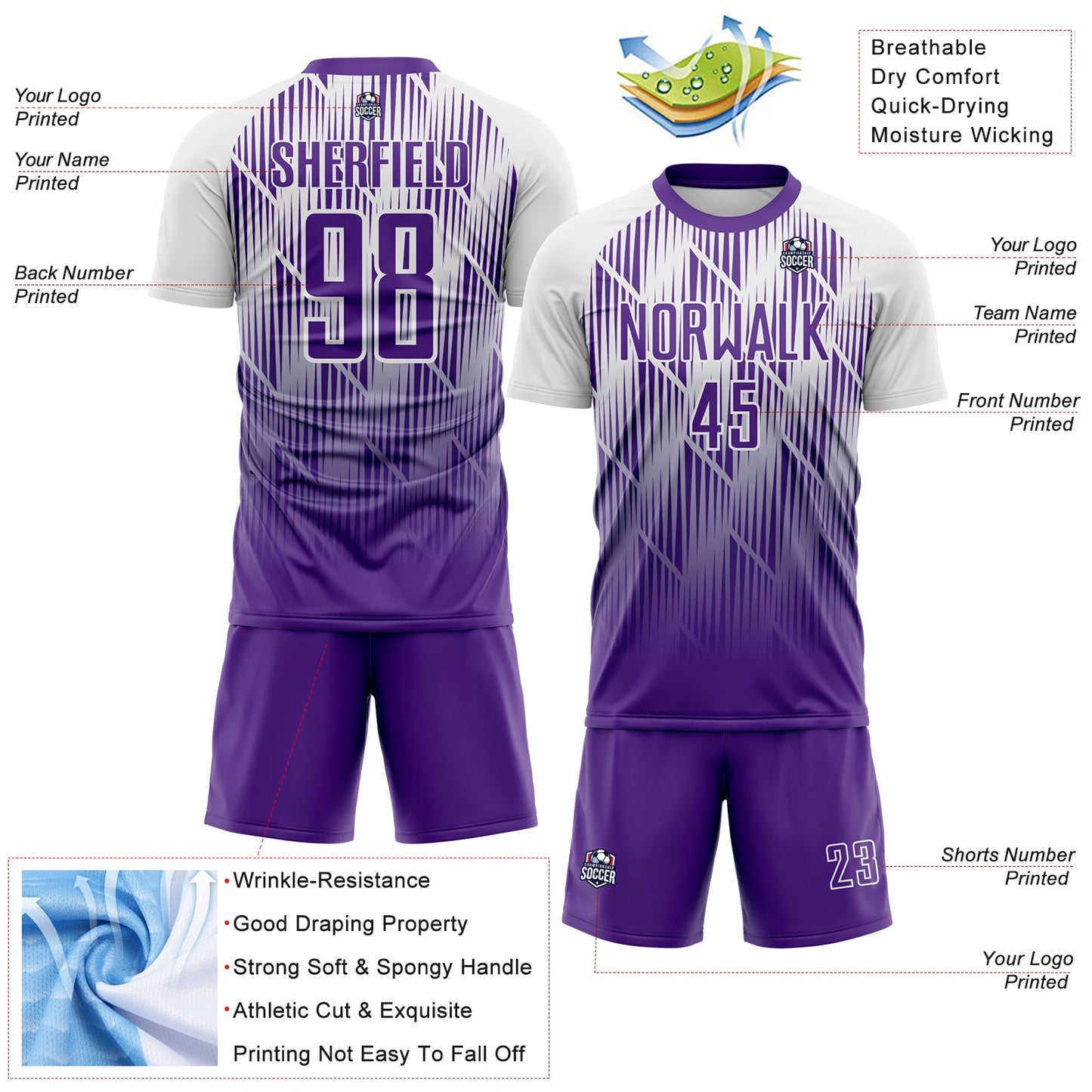 Custom Purple-White Spiked Sharp Lines Gradient Sublimation Soccer Uniform Jersey view 4