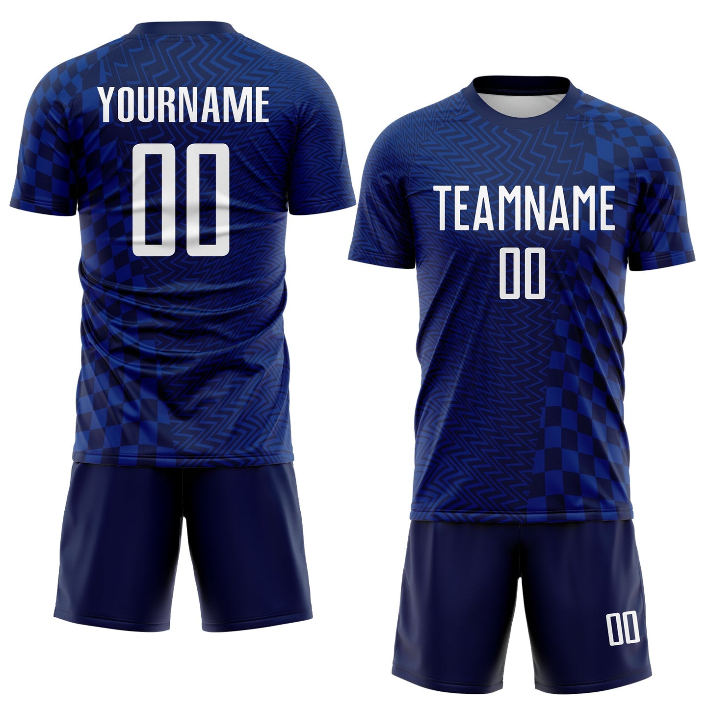 Custom Royal White-Navy Geometric Patchwork Asymmetry Checkered Zigzag Lines Sublimation Soccer Uniform Jersey view 2