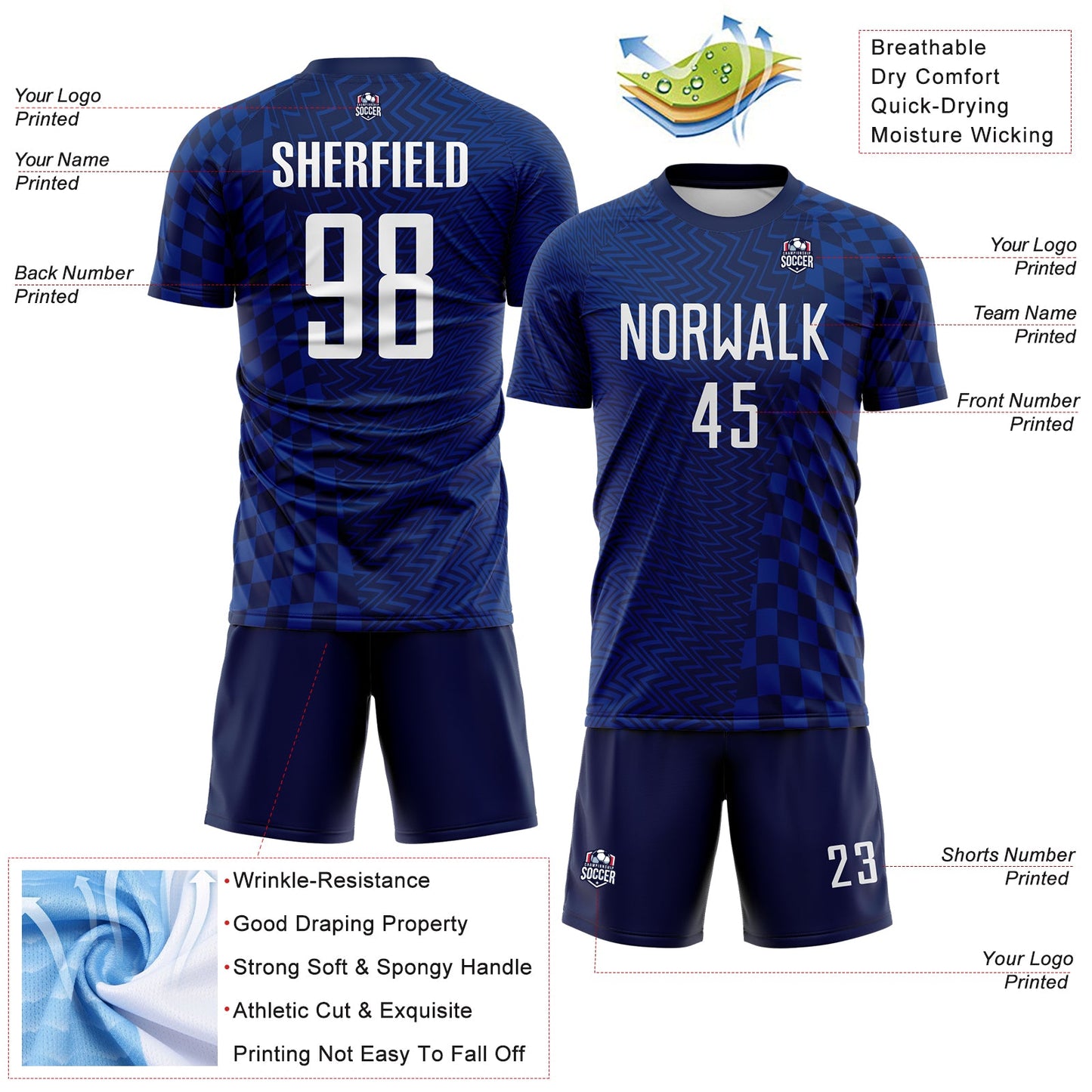 Custom Royal White-Navy Geometric Patchwork Asymmetry Checkered Zigzag Lines Sublimation Soccer Uniform Jersey view 4