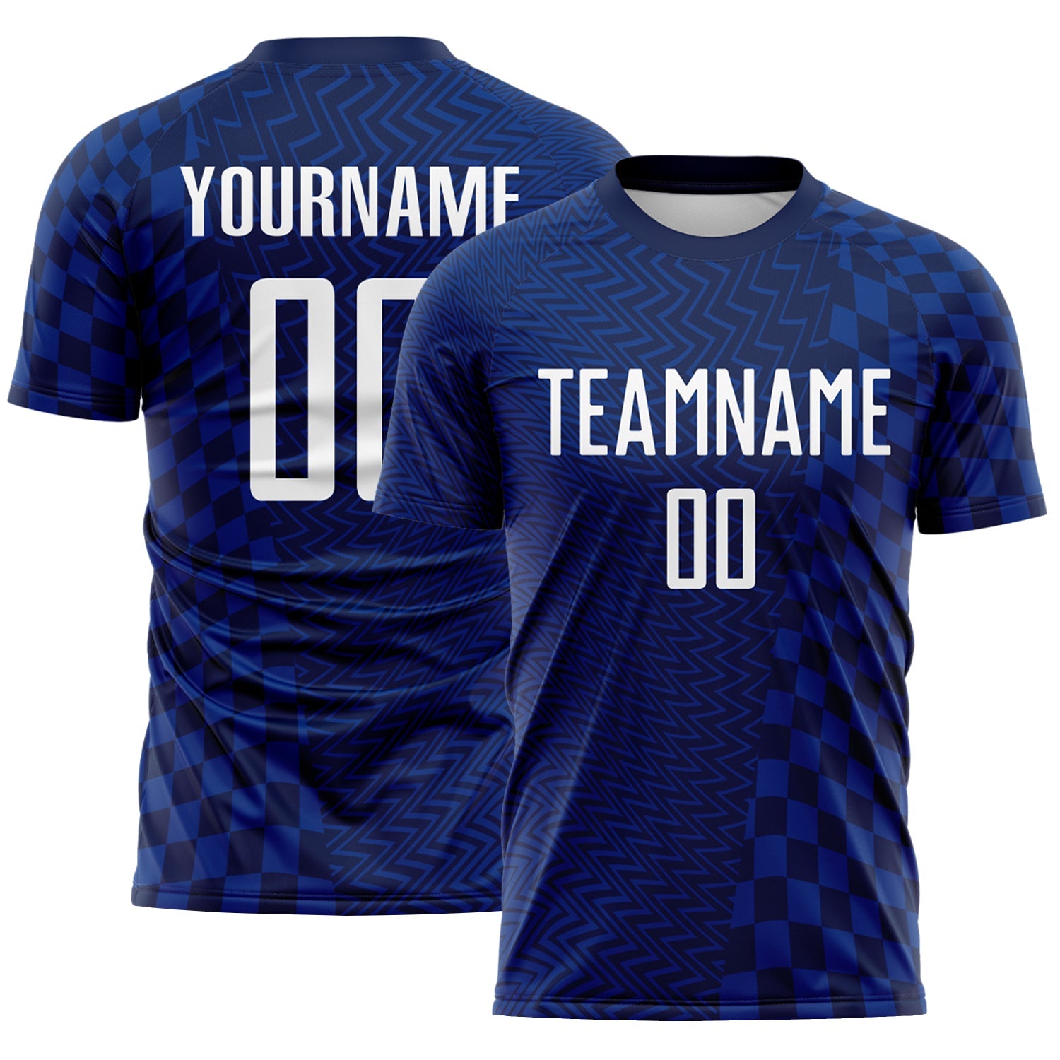 Custom Royal White-Navy Geometric Patchwork Asymmetry Checkered Zigzag Lines Sublimation Soccer Uniform Jersey - Main View
