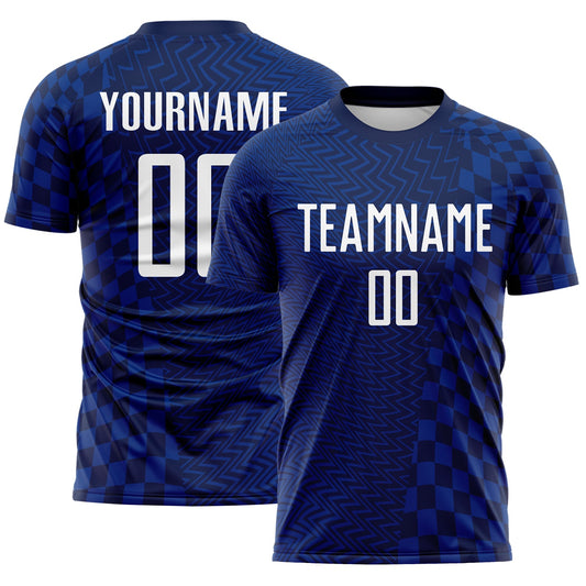 Custom Royal White-Navy Geometric Patchwork Asymmetry Checkered Zigzag Lines Sublimation Soccer Uniform Jersey - Main View