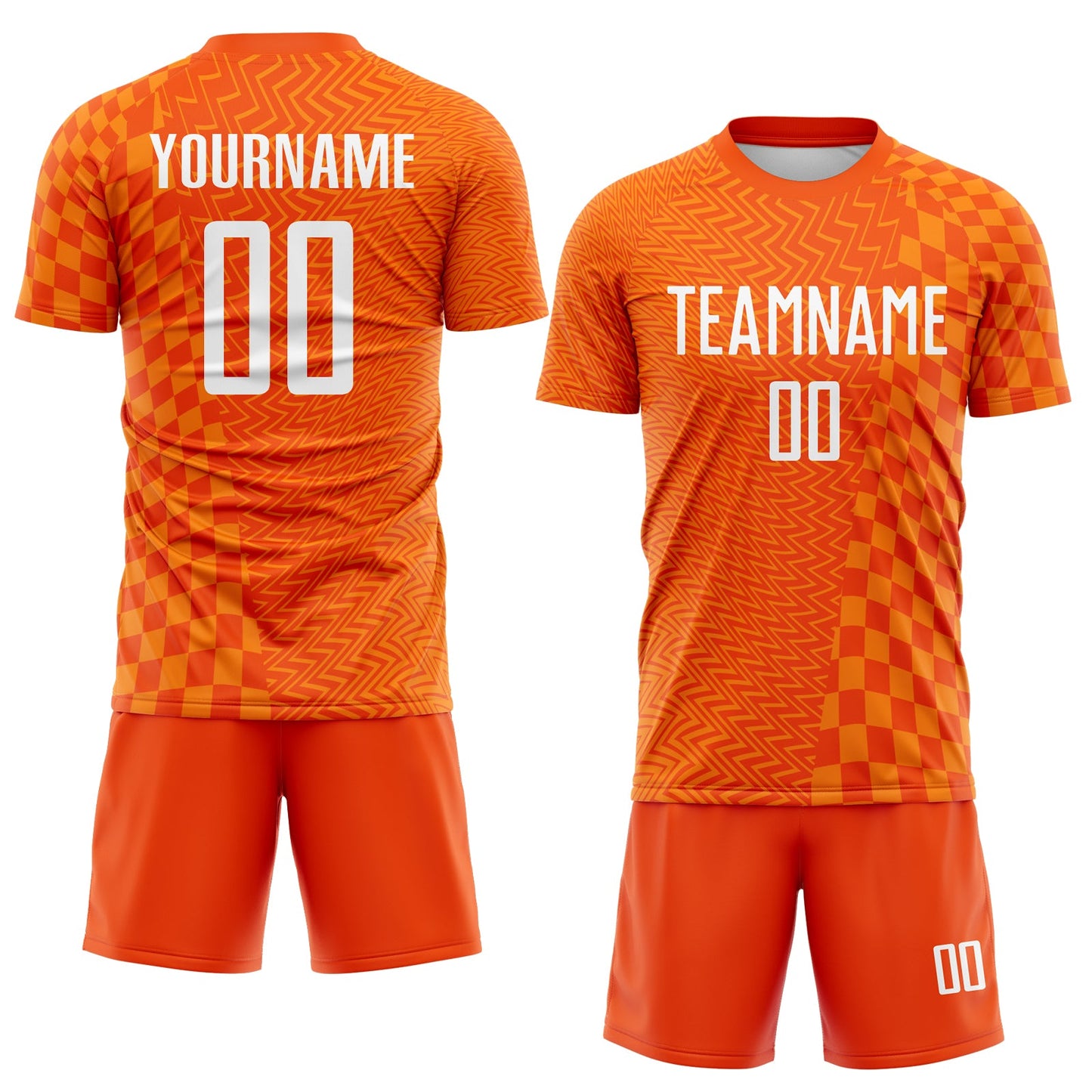 Custom Orange-White Geometric Patchwork Asymmetry Checkered Zigzag Lines Sublimation Soccer Uniform Jersey view 2
