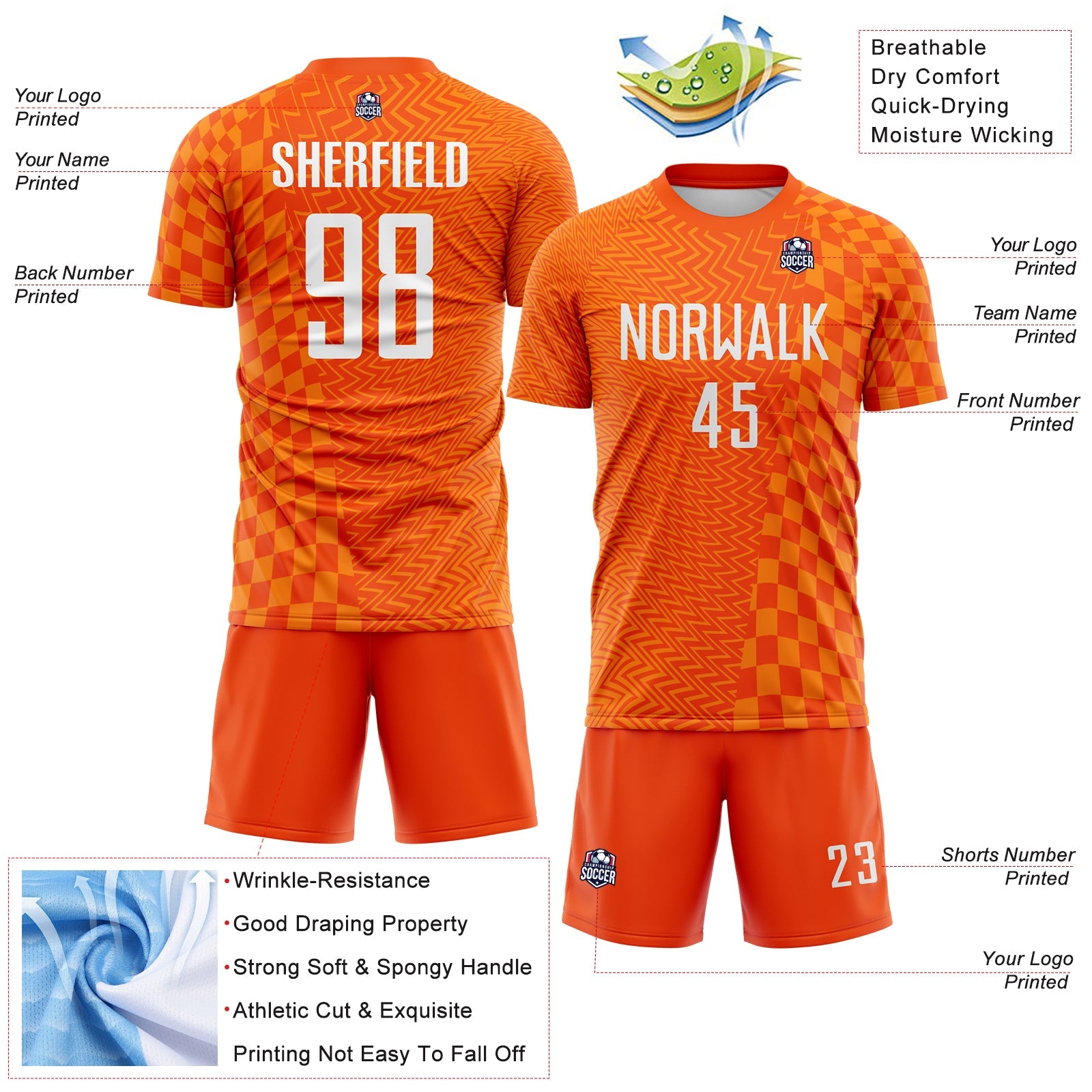 Custom Orange-White Geometric Patchwork Asymmetry Checkered Zigzag Lines Sublimation Soccer Uniform Jersey view 4