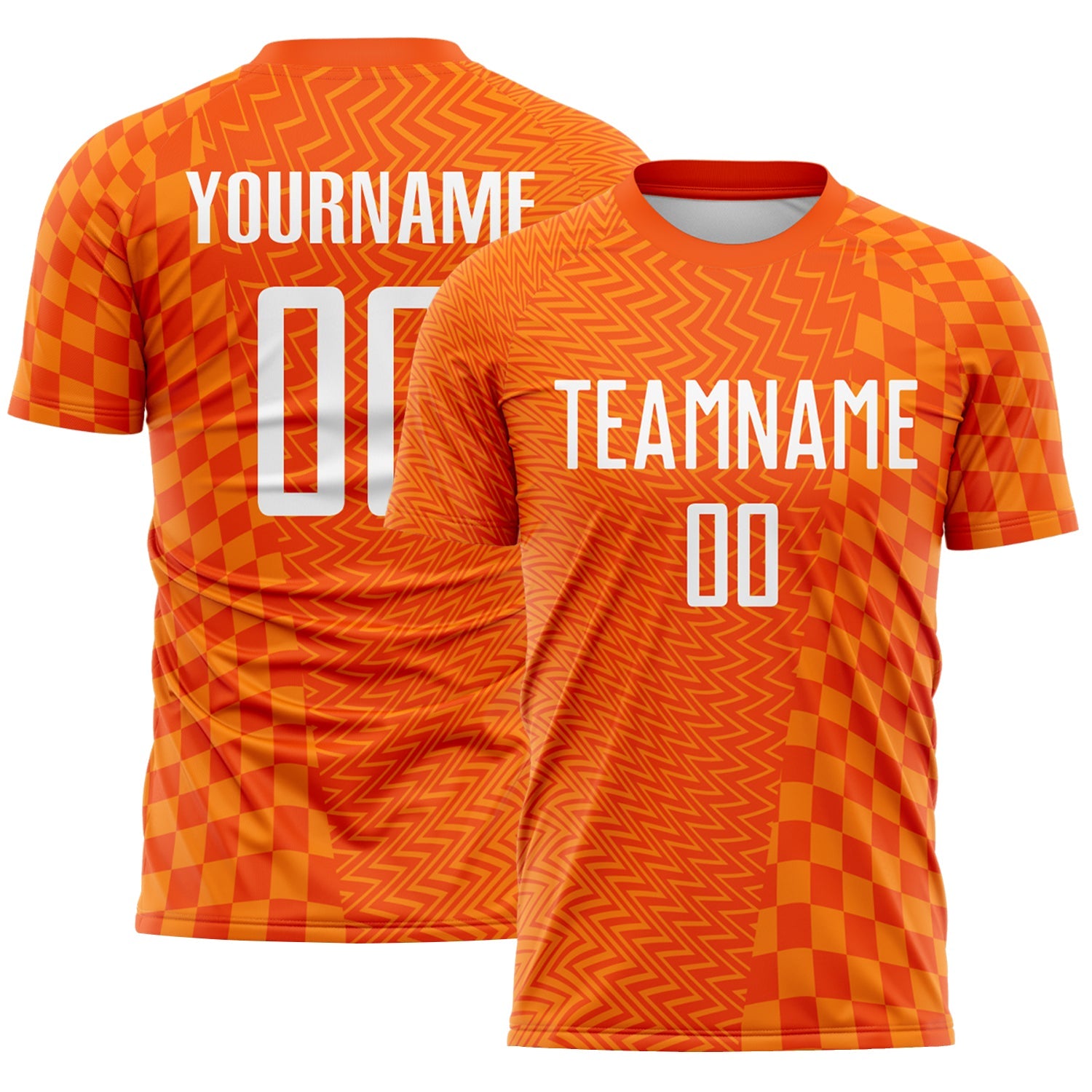 Custom Orange-White Geometric Patchwork Asymmetry Checkered Zigzag Lines Sublimation Soccer Uniform Jersey - Main View