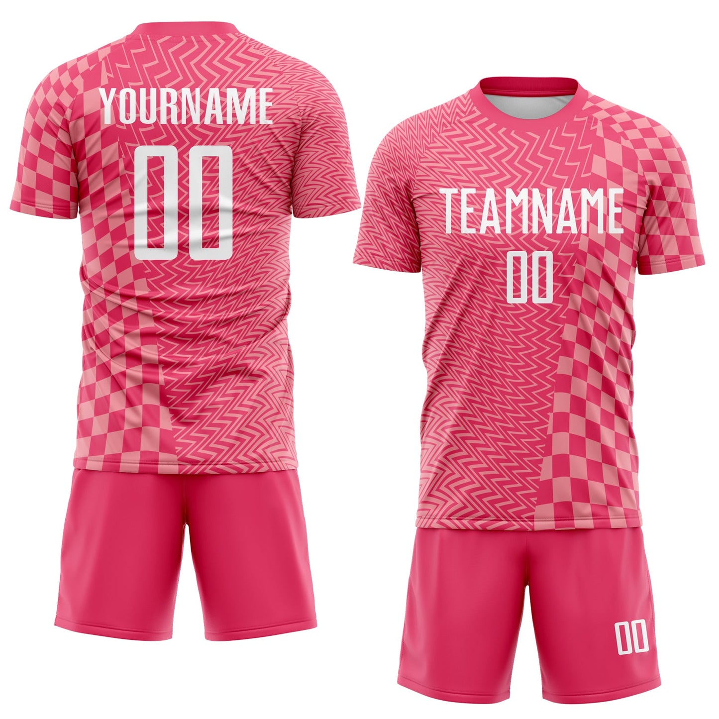 Custom Neon Pink White-Medium Pink Geometric Patchwork Asymmetry Checkered Zigzag Lines Sublimation Soccer Uniform Jersey view 2