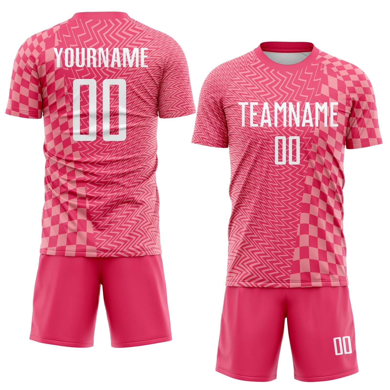 Custom Neon Pink White-Medium Pink Geometric Patchwork Asymmetry Checkered Zigzag Lines Sublimation Soccer Uniform Jersey view 2