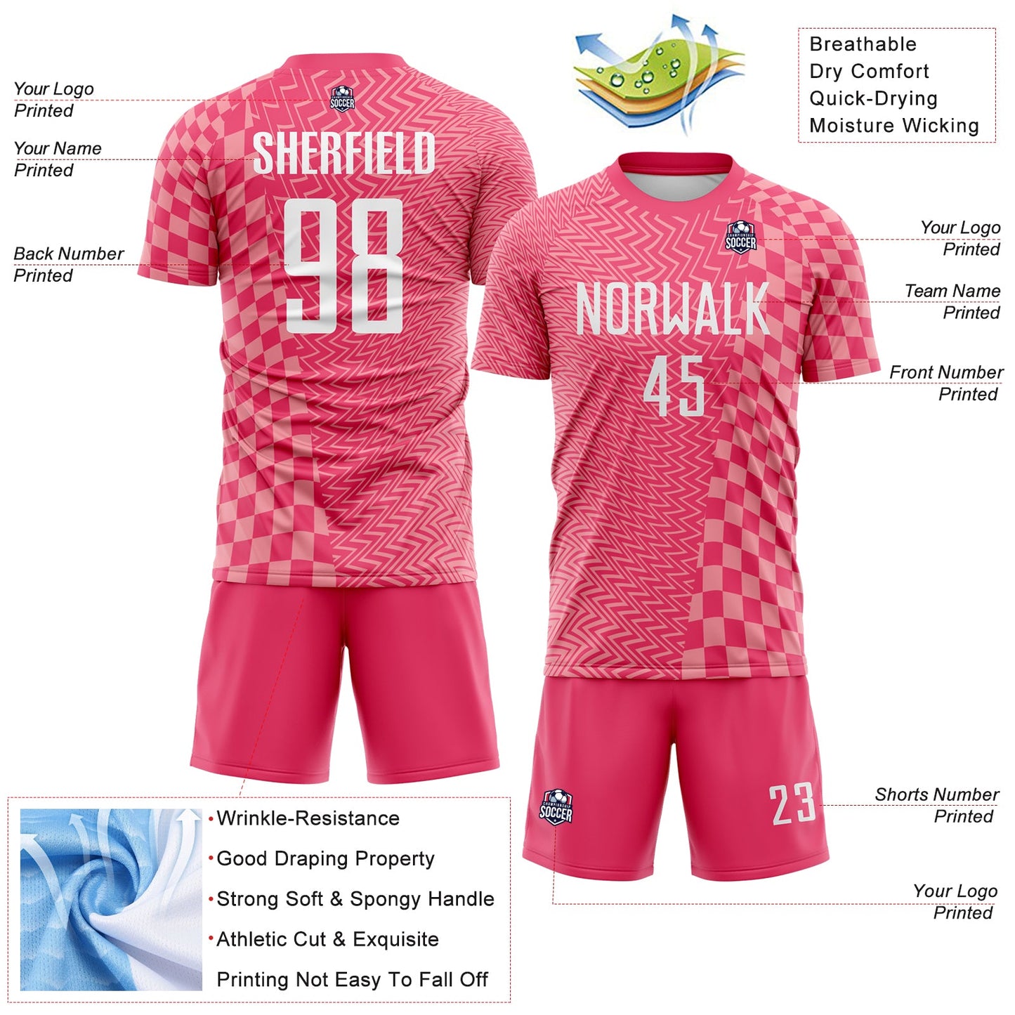 Custom Neon Pink White-Medium Pink Geometric Patchwork Asymmetry Checkered Zigzag Lines Sublimation Soccer Uniform Jersey view 4