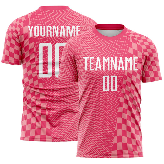 Custom Neon Pink White-Medium Pink Geometric Patchwork Asymmetry Checkered Zigzag Lines Sublimation Soccer Uniform Jersey - Main View