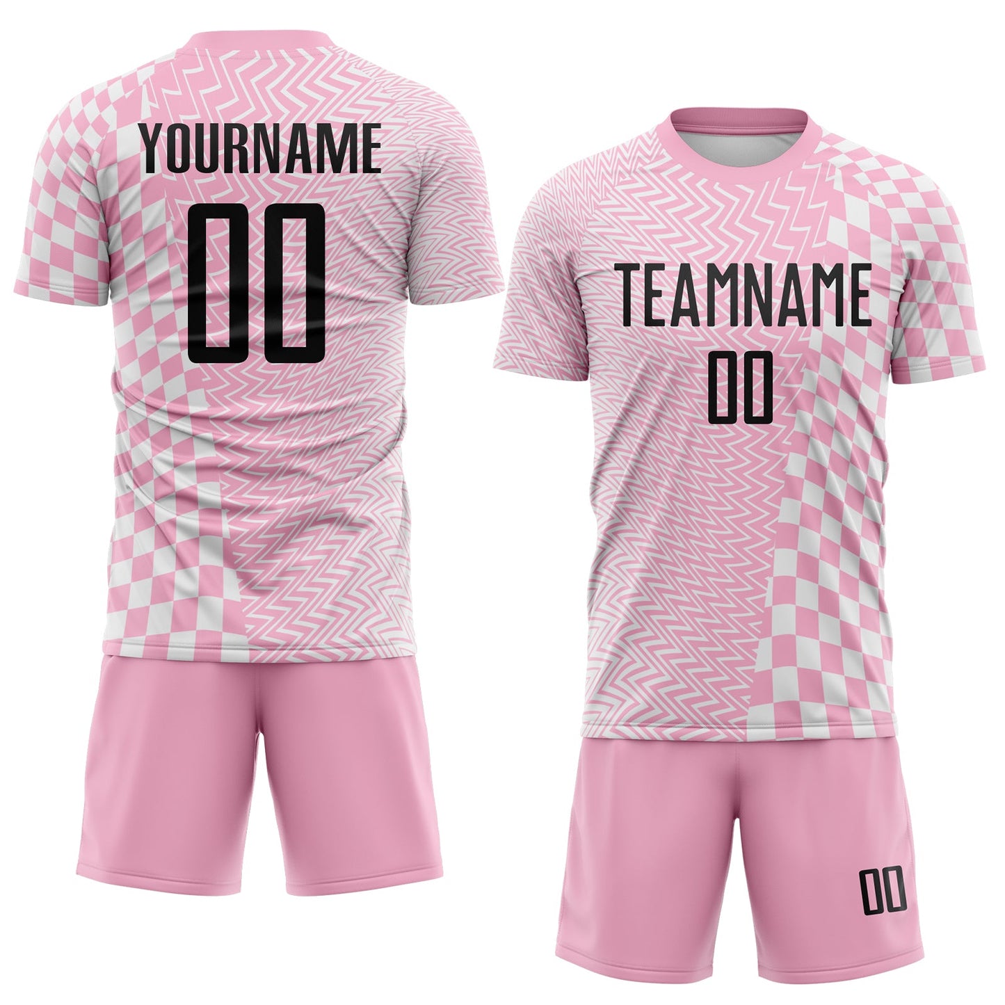Custom Light Pink Black-White Geometric Patchwork Asymmetry Checkered Zigzag Lines Sublimation Soccer Uniform Jersey view 2