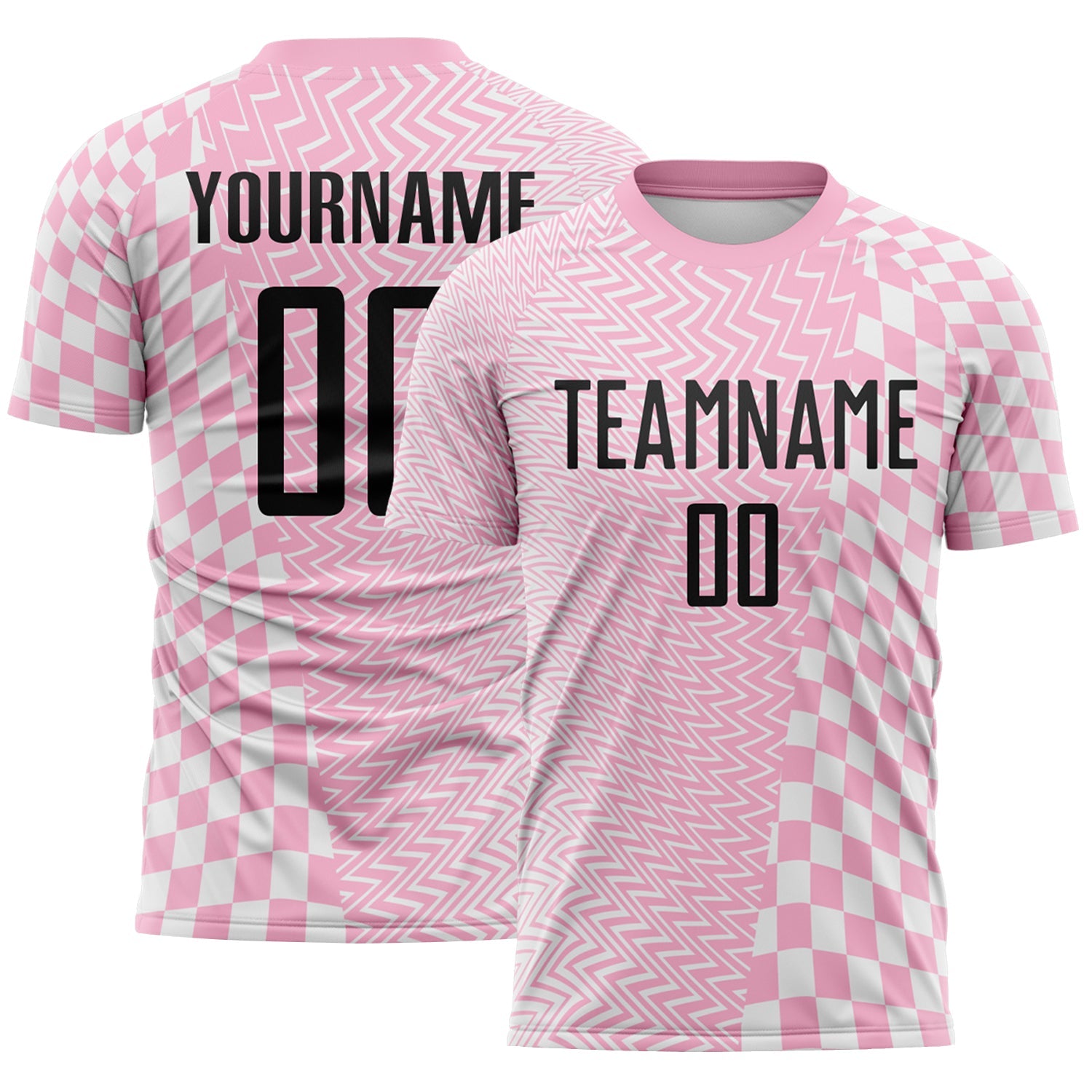 Custom Light Pink Black-White Geometric Patchwork Asymmetry Checkered Zigzag Lines Sublimation Soccer Uniform Jersey - Main View