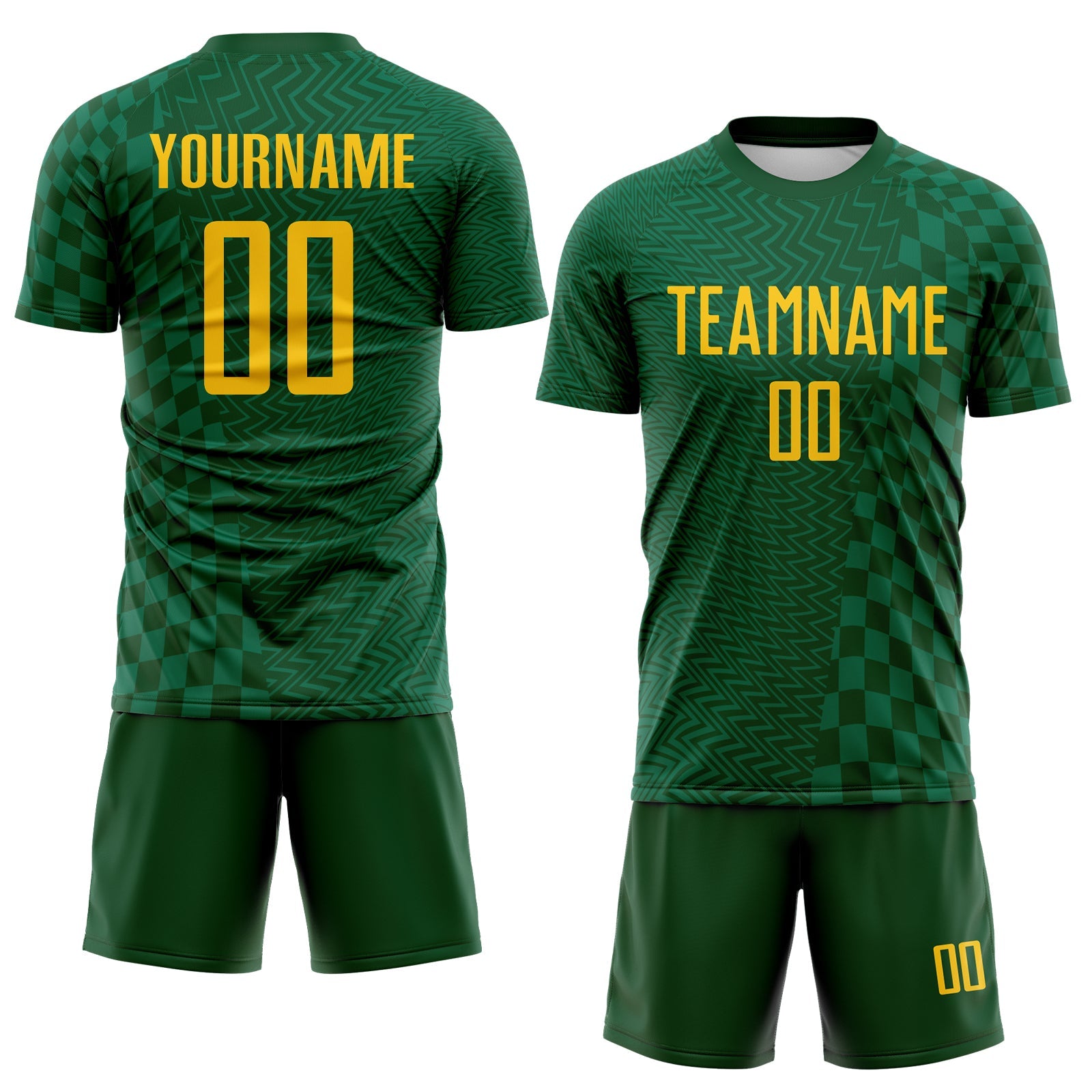 Custom Green-Yellow Geometric Patchwork Asymmetry Checkered Zigzag Lines Sublimation Soccer Uniform Jersey view 2