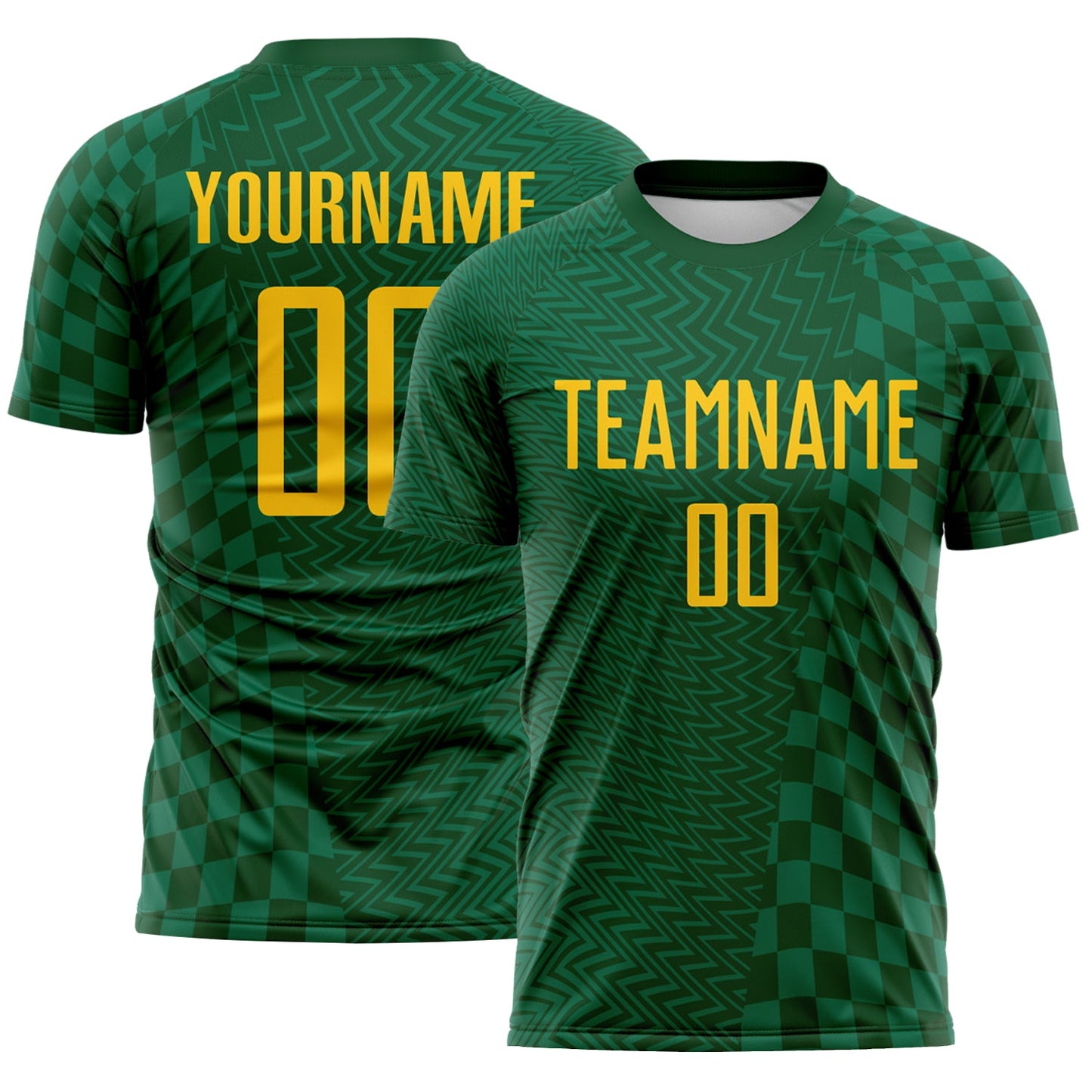 Custom Green-Yellow Geometric Patchwork Asymmetry Checkered Zigzag Lines Sublimation Soccer Uniform Jersey - Main View