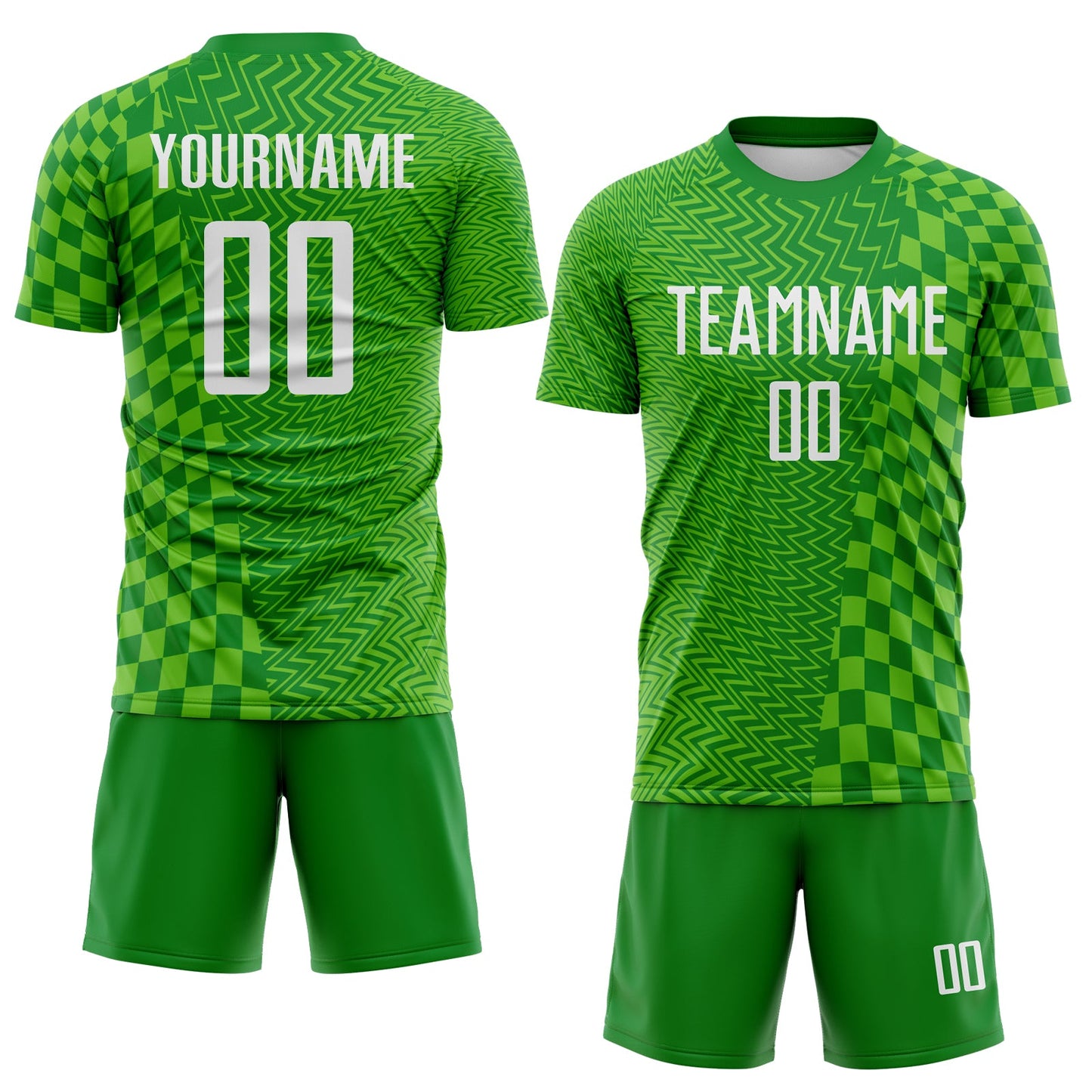 Custom Grass Green White-Aurora Green Geometric Patchwork Asymmetry Checkered Zigzag Lines Sublimation Soccer Uniform Jersey view 2