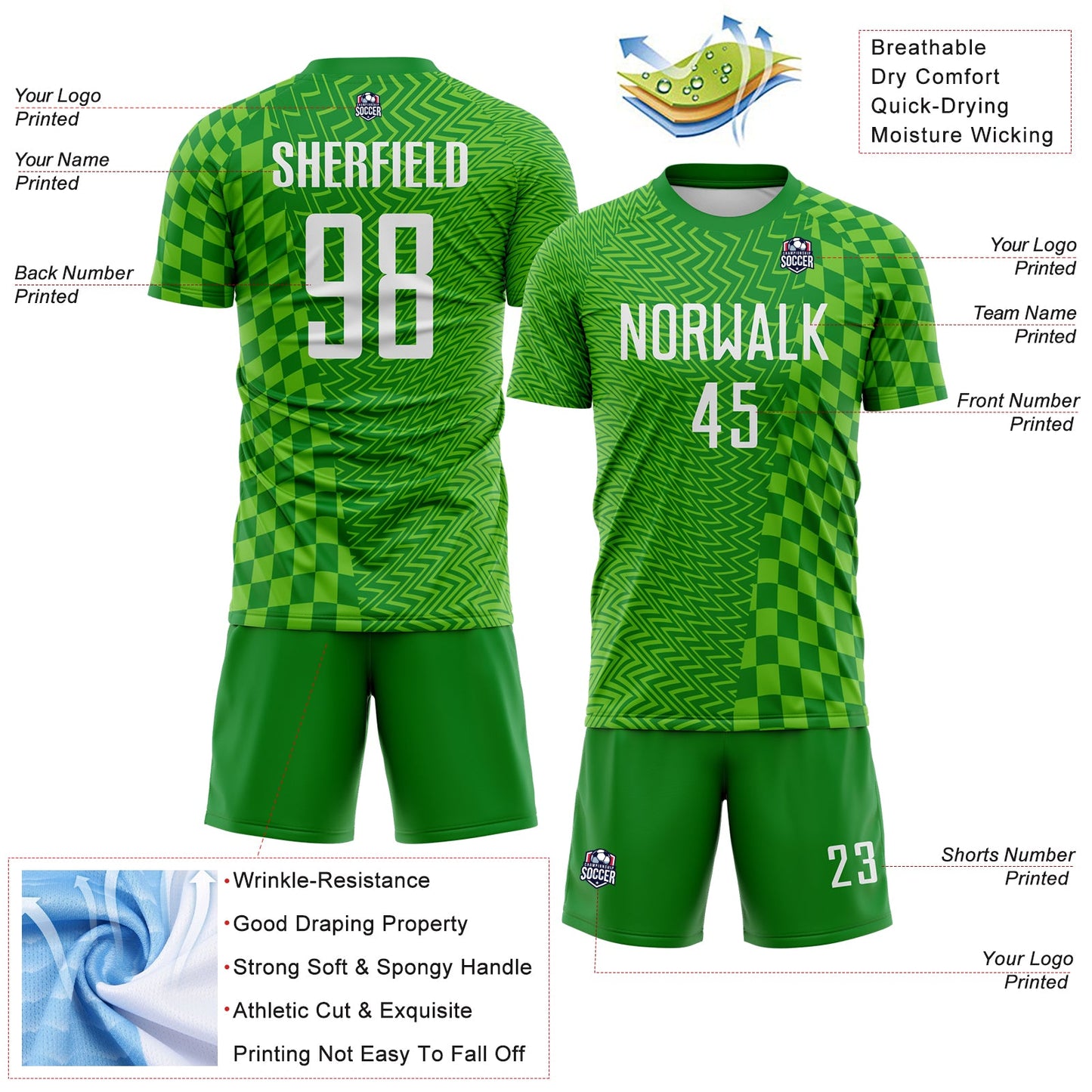 Custom Grass Green White-Aurora Green Geometric Patchwork Asymmetry Checkered Zigzag Lines Sublimation Soccer Uniform Jersey view 4