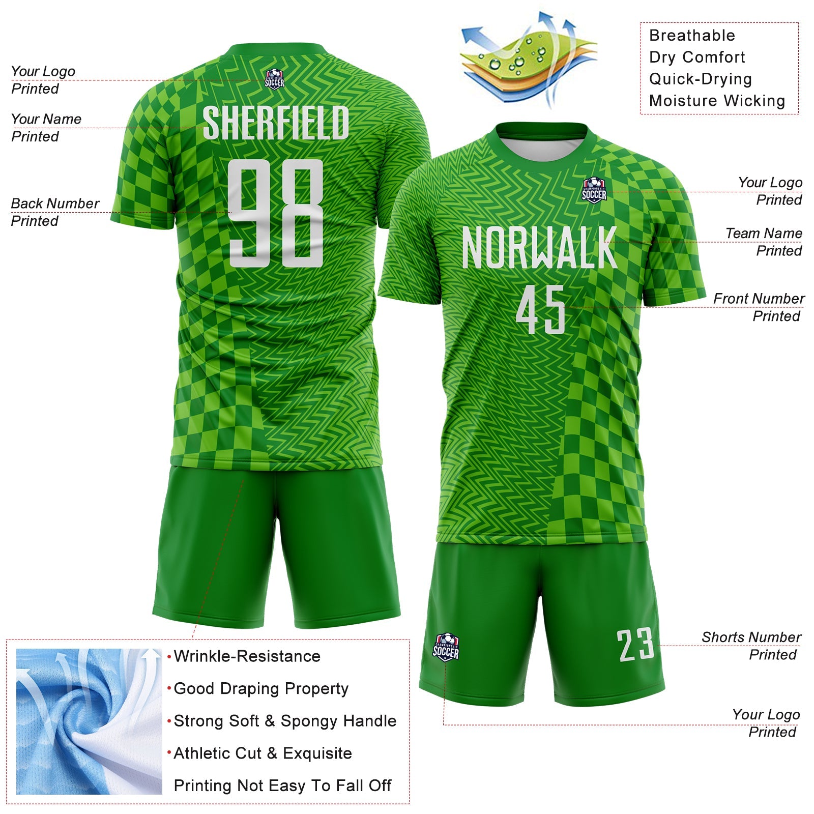 Custom Grass Green White-Aurora Green Geometric Patchwork Asymmetry Checkered Zigzag Lines Sublimation Soccer Uniform Jersey view 4