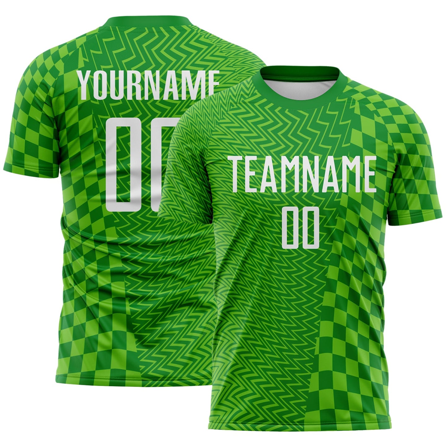 Custom Grass Green White-Aurora Green Geometric Patchwork Asymmetry Checkered Zigzag Lines Sublimation Soccer Uniform Jersey - Main View