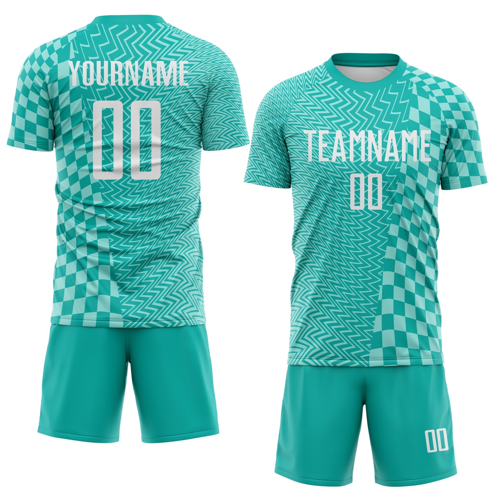 Custom Aqua White-Ice Blue Geometric Patchwork Asymmetry Checkered Zigzag Lines Sublimation Soccer Uniform Jersey view 2