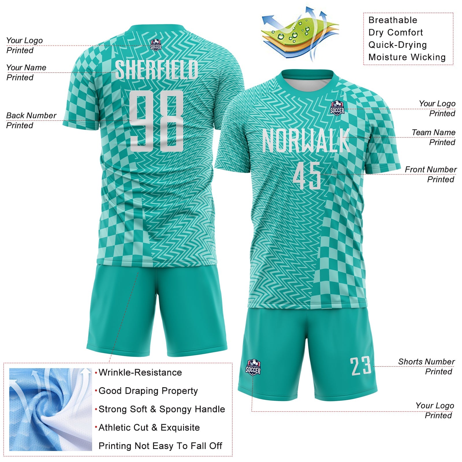 Custom Aqua White-Ice Blue Geometric Patchwork Asymmetry Checkered Zigzag Lines Sublimation Soccer Uniform Jersey view 4