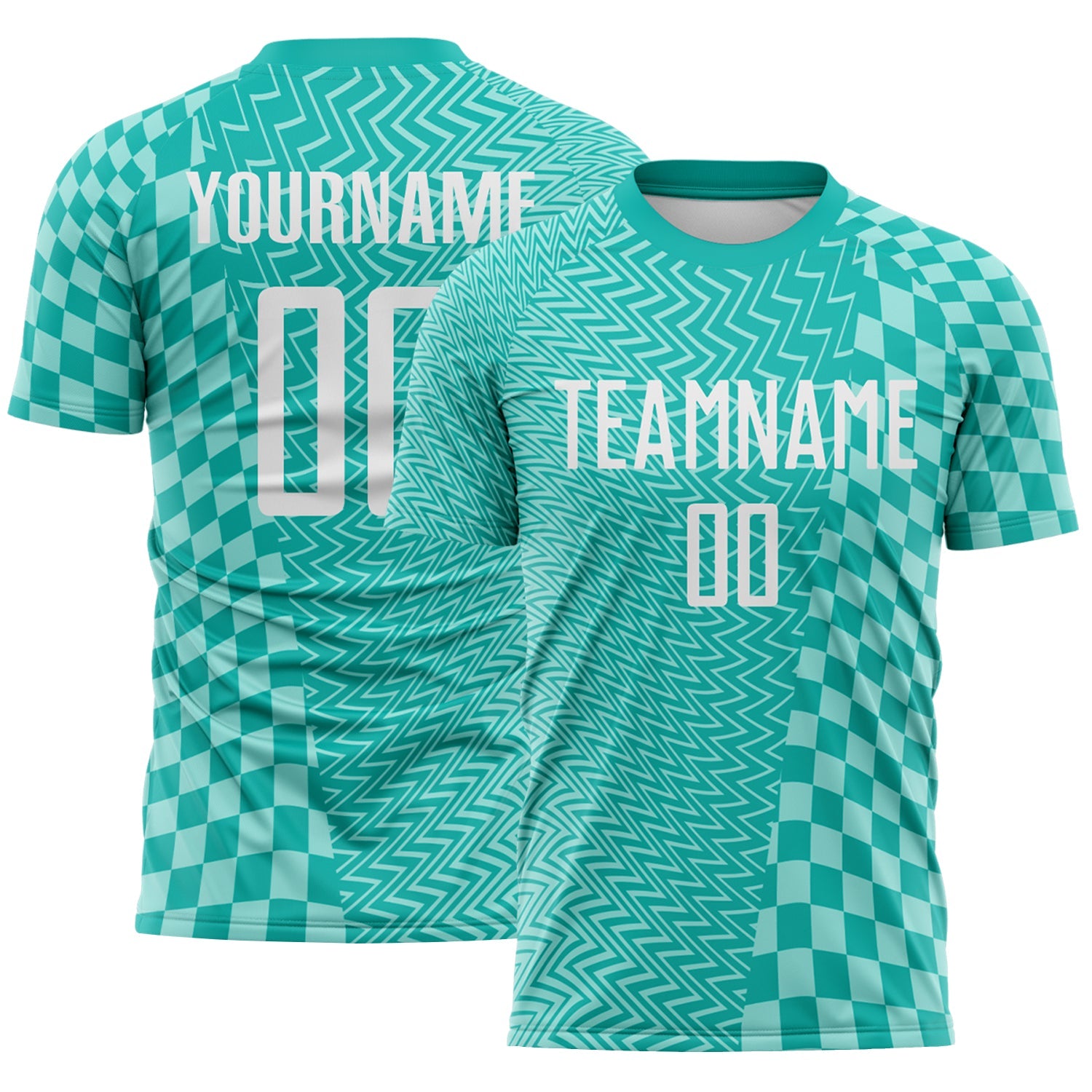 Custom Aqua White-Ice Blue Geometric Patchwork Asymmetry Checkered Zigzag Lines Sublimation Soccer Uniform Jersey - Main View