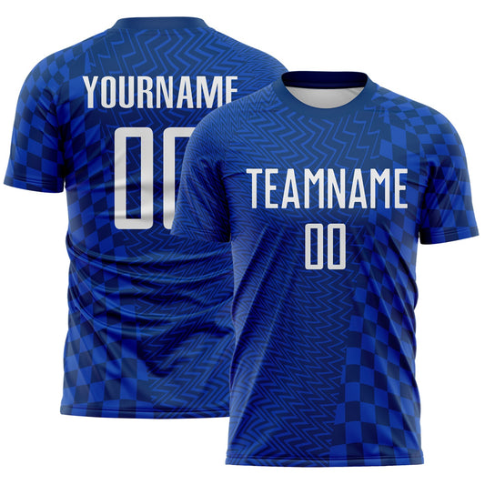 Custom US Navy Blue-White Geometric Patchwork Asymmetry Checkered Zigzag Lines Sublimation Soccer Uniform Jersey - Main View