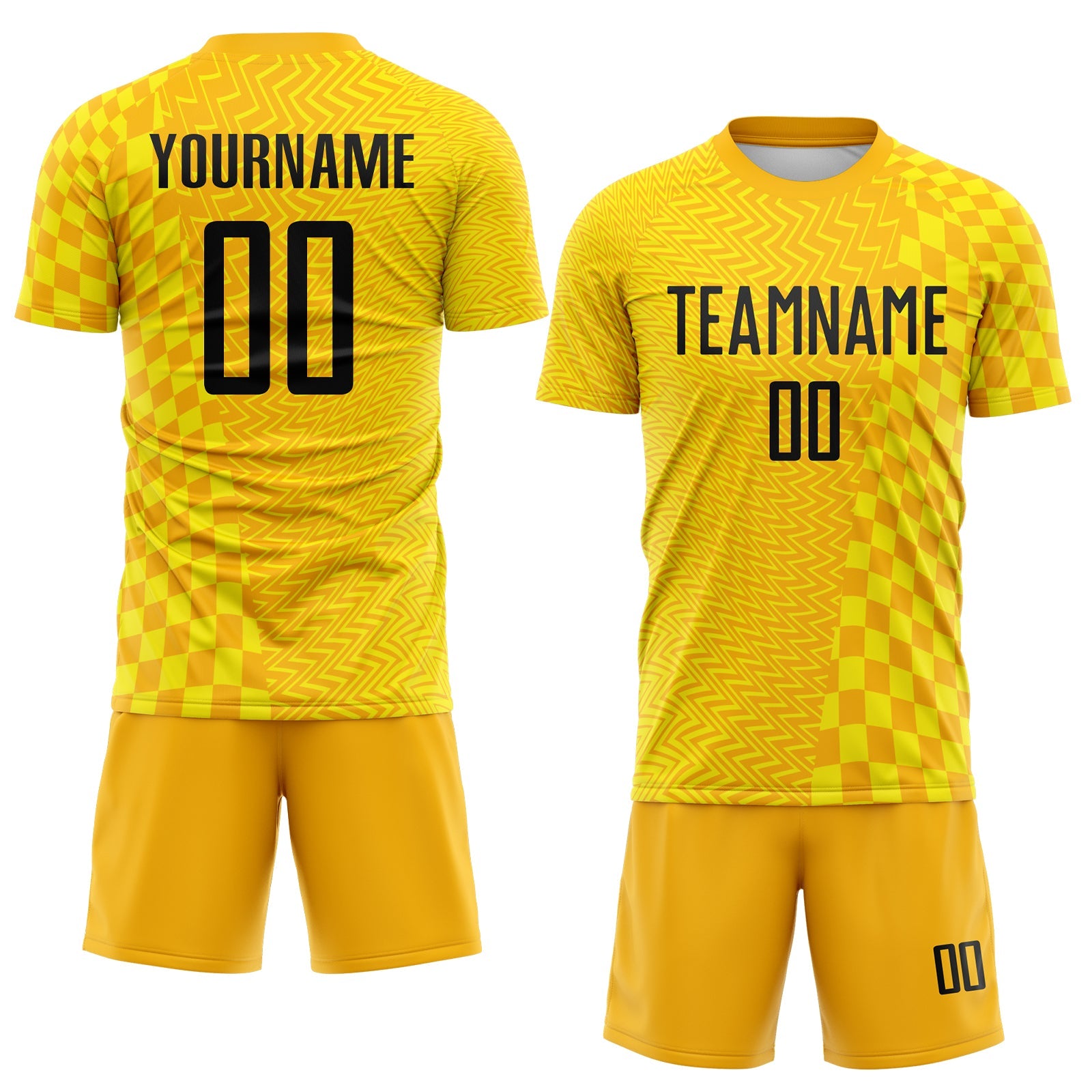 Custom Gold Black-Light Yellow Geometric Patchwork Asymmetry Checkered Zigzag Lines Sublimation Soccer Uniform Jersey view 2