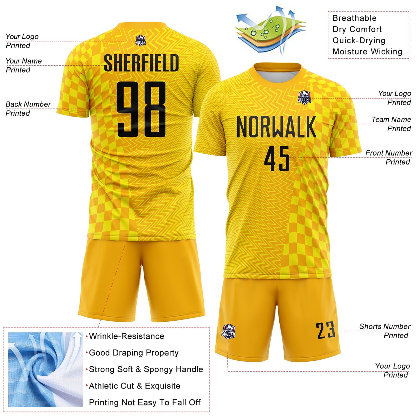 Custom Gold Black-Light Yellow Geometric Patchwork Asymmetry Checkered Zigzag Lines Sublimation Soccer Uniform Jersey view 4