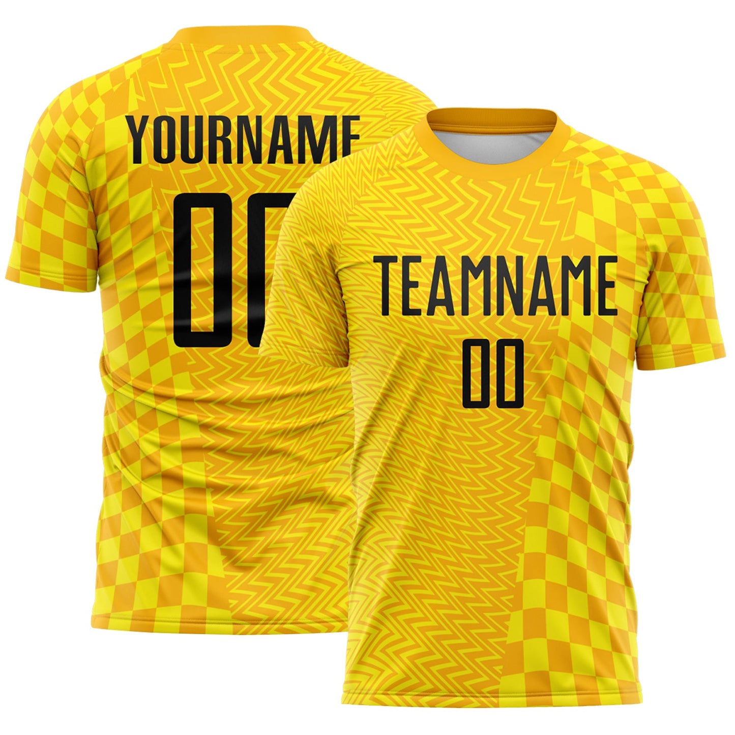 Custom Gold Black-Light Yellow Geometric Patchwork Asymmetry Checkered Zigzag Lines Sublimation Soccer Uniform Jersey - Main View