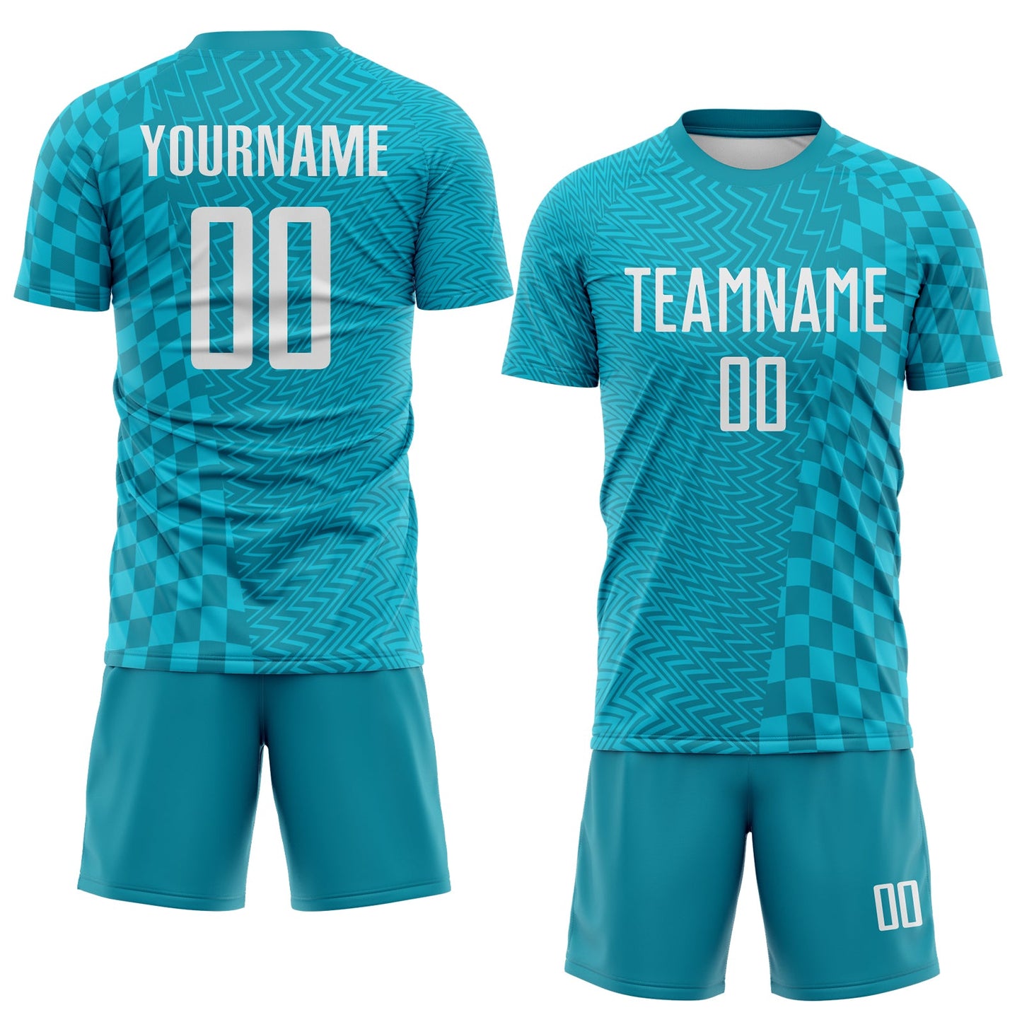 Custom Teal White-Lakes Blue Geometric Patchwork Asymmetry Checkered Zigzag Lines Sublimation Soccer Uniform Jersey view 2