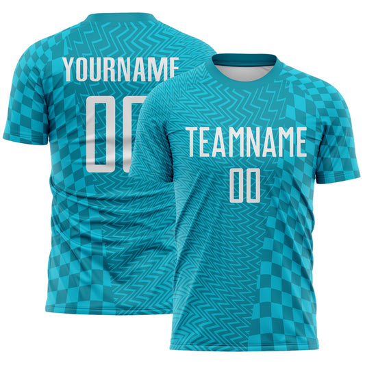 Custom Teal White-Lakes Blue Geometric Patchwork Asymmetry Checkered Zigzag Lines Sublimation Soccer Uniform Jersey - Main View