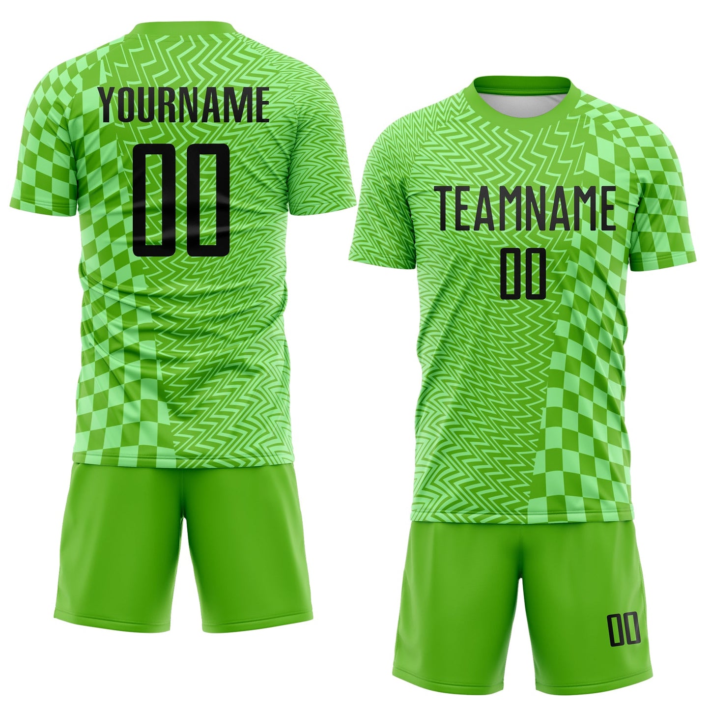 Custom Aurora Green Black-Pea Green Geometric Patchwork Asymmetry Checkered Zigzag Lines Sublimation Soccer Uniform Jersey view 2