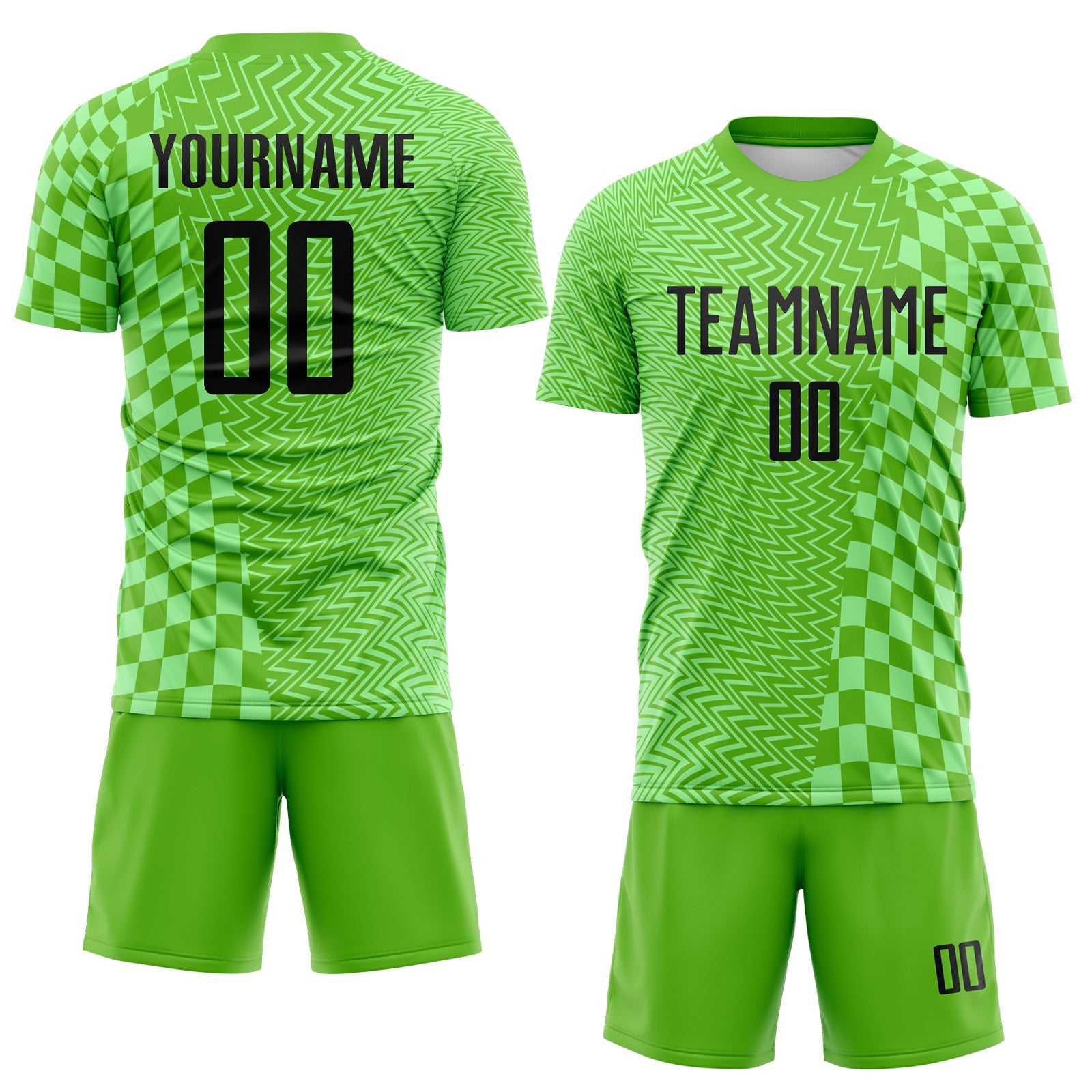 Custom Aurora Green Black-Pea Green Geometric Patchwork Asymmetry Checkered Zigzag Lines Sublimation Soccer Uniform Jersey view 2