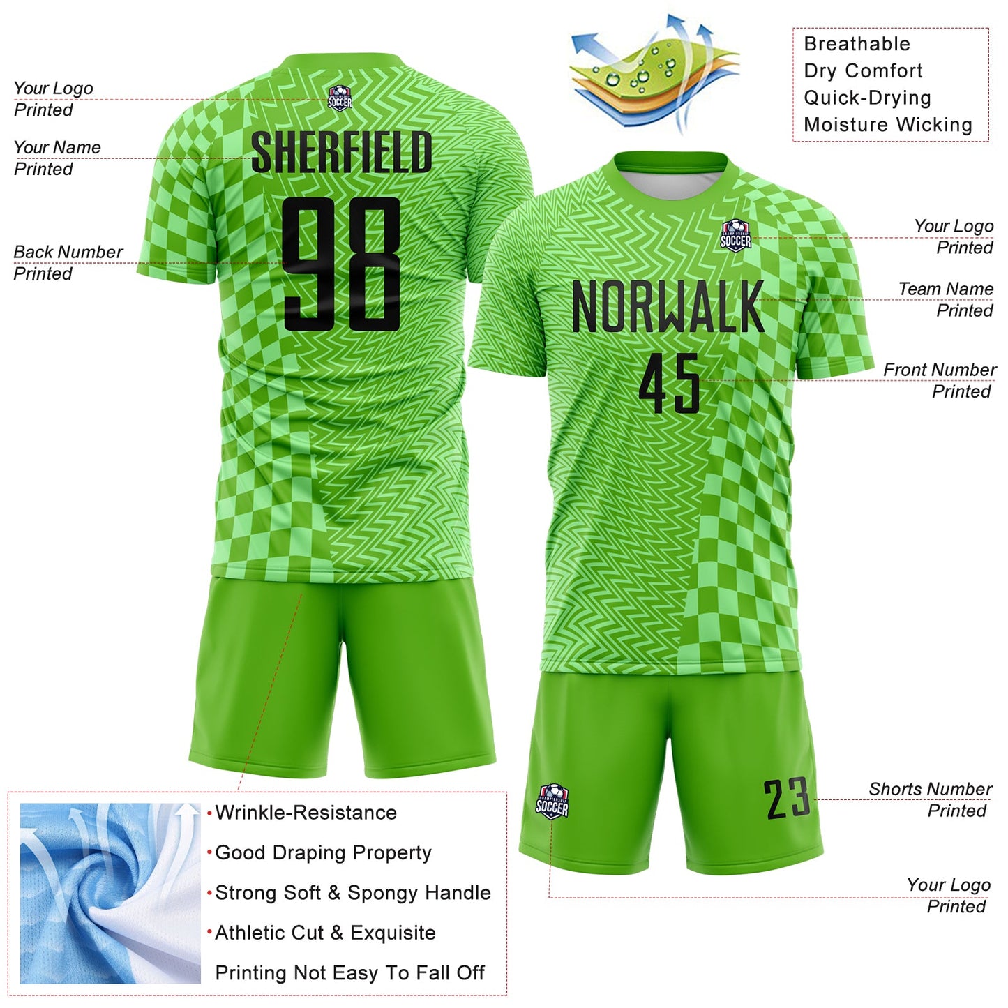 Custom Aurora Green Black-Pea Green Geometric Patchwork Asymmetry Checkered Zigzag Lines Sublimation Soccer Uniform Jersey view 4