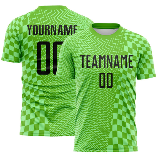 Custom Aurora Green Black-Pea Green Geometric Patchwork Asymmetry Checkered Zigzag Lines Sublimation Soccer Uniform Jersey - Main View