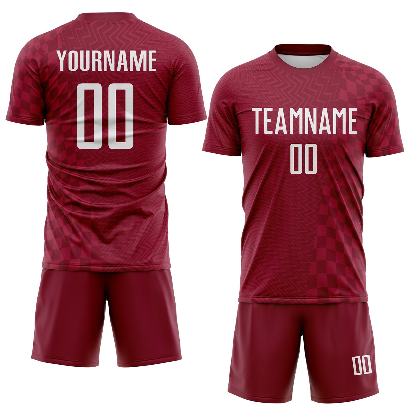 Custom Crimson-White Geometric Patchwork Asymmetry Checkered Zigzag Lines Sublimation Soccer Uniform Jersey view 2