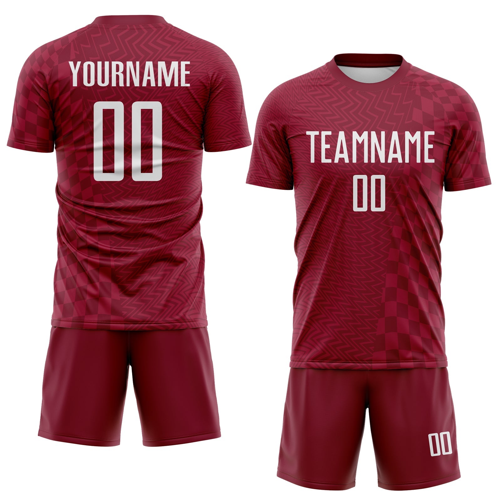 Custom Crimson-White Geometric Patchwork Asymmetry Checkered Zigzag Lines Sublimation Soccer Uniform Jersey view 2