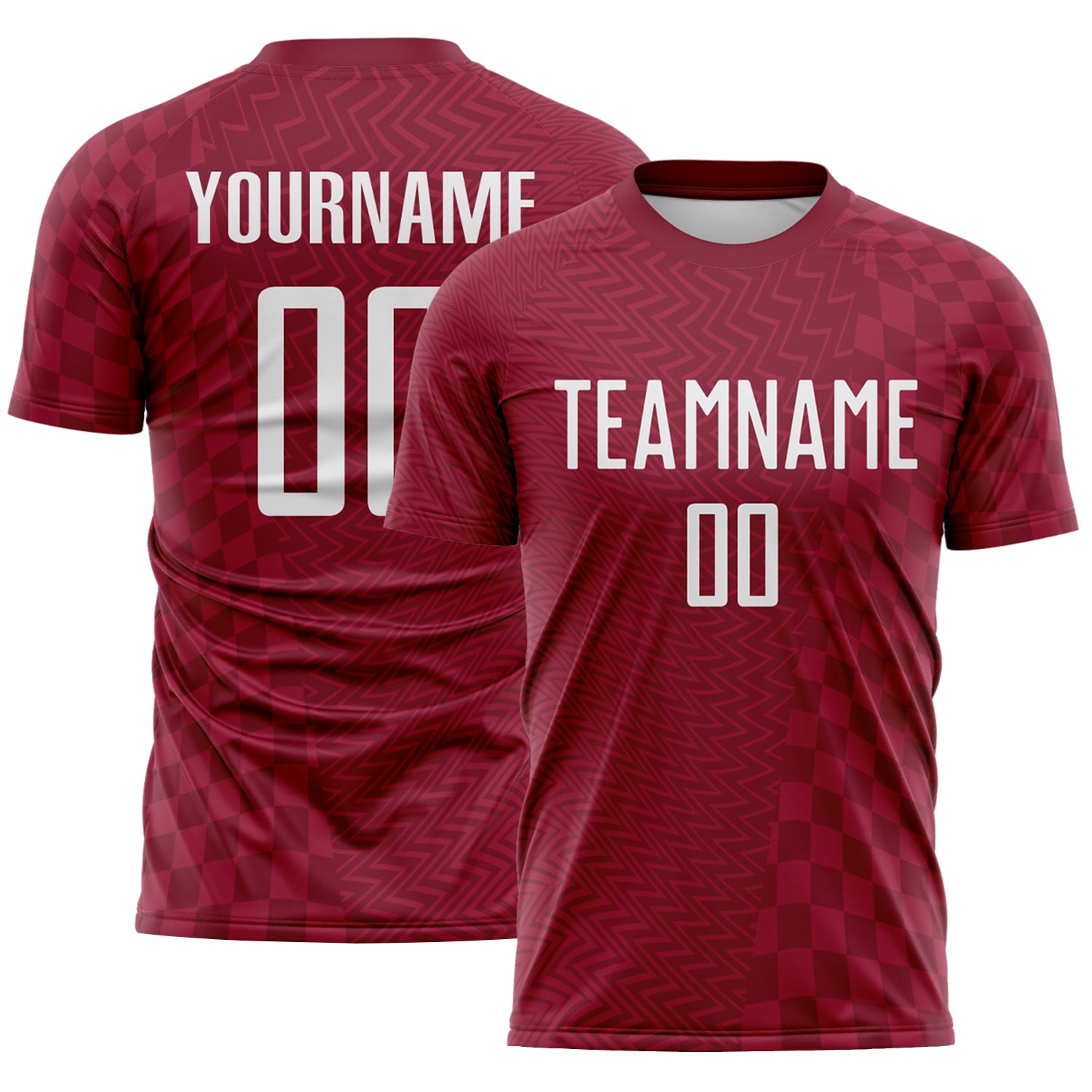 Custom Crimson-White Geometric Patchwork Asymmetry Checkered Zigzag Lines Sublimation Soccer Uniform Jersey - Main View