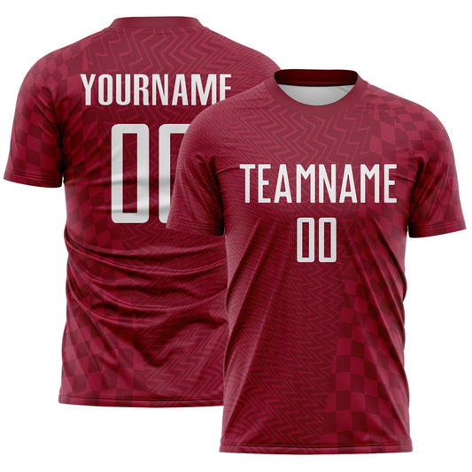 Custom Crimson-White Geometric Patchwork Asymmetry Checkered Zigzag Lines Sublimation Soccer Uniform Jersey - Main View