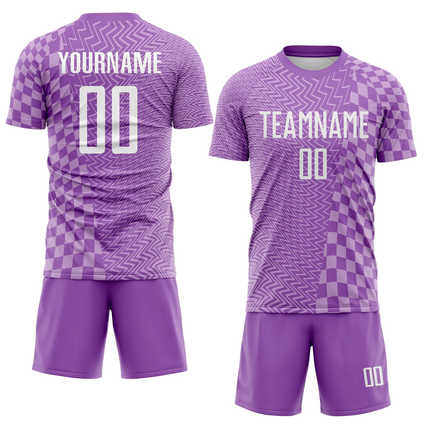 Custom Medium Purple White-Light Purple Geometric Patchwork Asymmetry Checkered Zigzag Lines Sublimation Soccer Uniform Jersey view 2