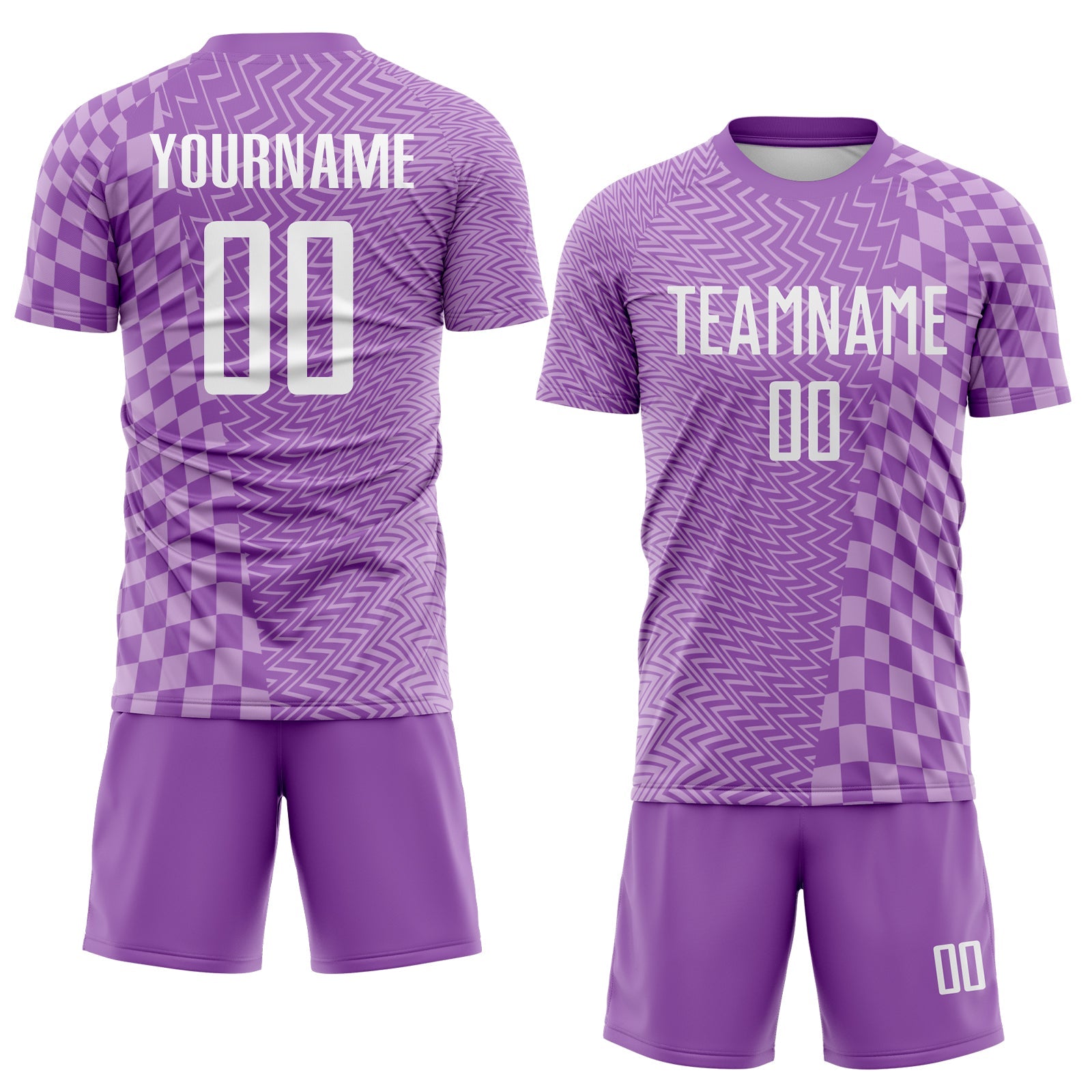 Custom Medium Purple White-Light Purple Geometric Patchwork Asymmetry Checkered Zigzag Lines Sublimation Soccer Uniform Jersey view 2
