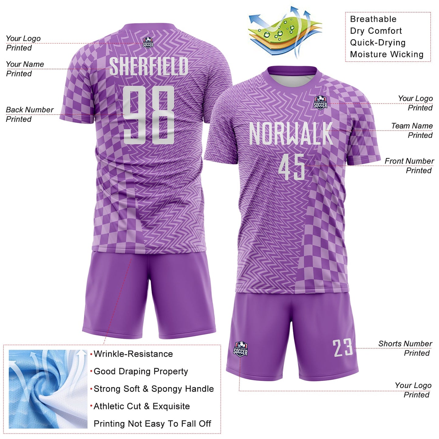 Custom Medium Purple White-Light Purple Geometric Patchwork Asymmetry Checkered Zigzag Lines Sublimation Soccer Uniform Jersey view 4