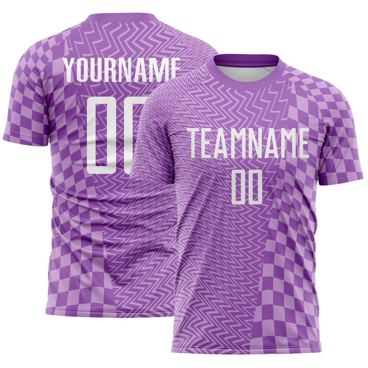 Custom Medium Purple White-Light Purple Geometric Patchwork Asymmetry Checkered Zigzag Lines Sublimation Soccer Uniform Jersey - Main View