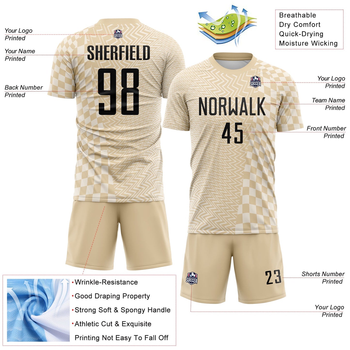 Custom City Cream Black-Cream Geometric Patchwork Asymmetry Checkered Zigzag Lines Sublimation Soccer Uniform Jersey view 4