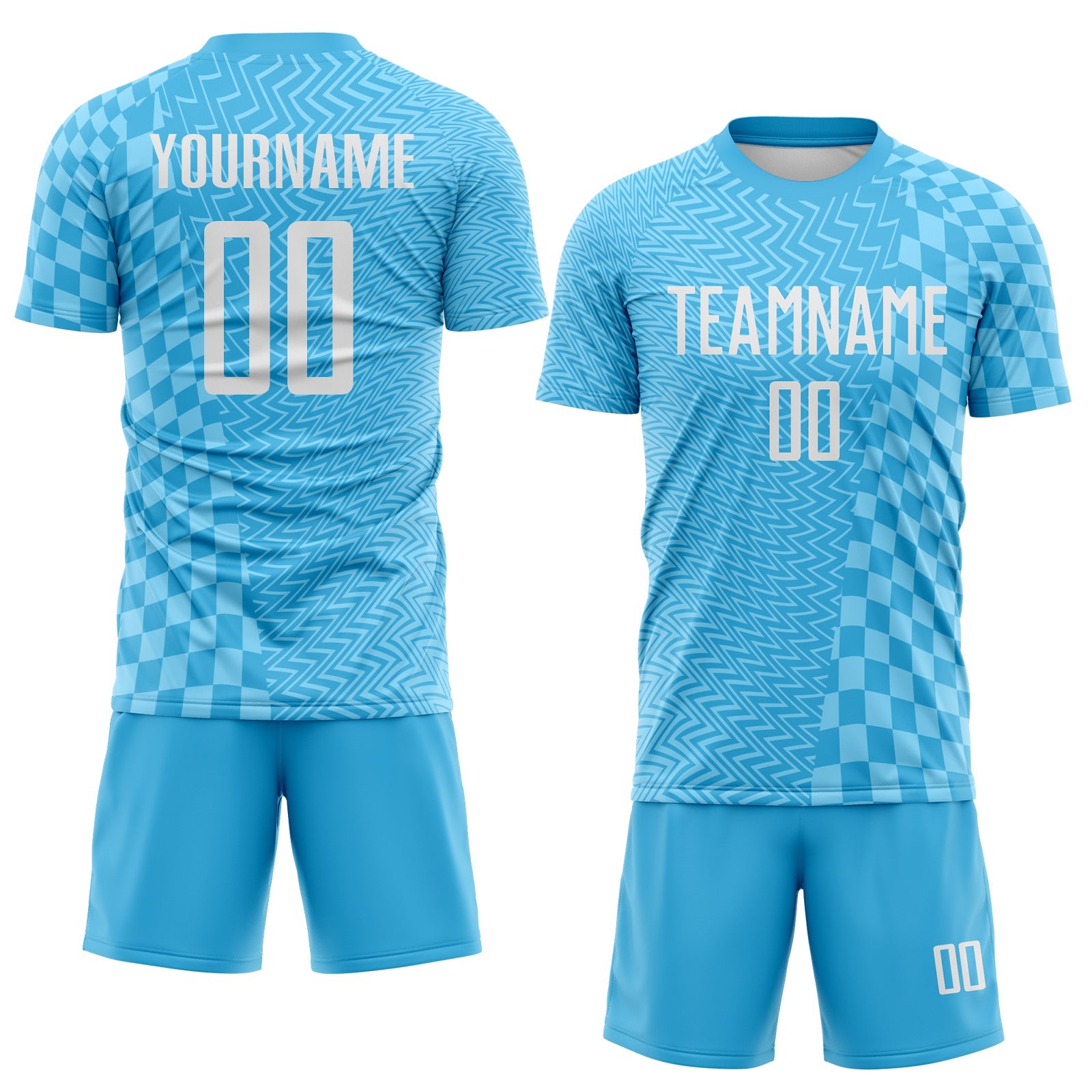 Custom Sky Blue-White Geometric Patchwork Asymmetry Checkered Zigzag Lines Sublimation Soccer Uniform Jersey view 2