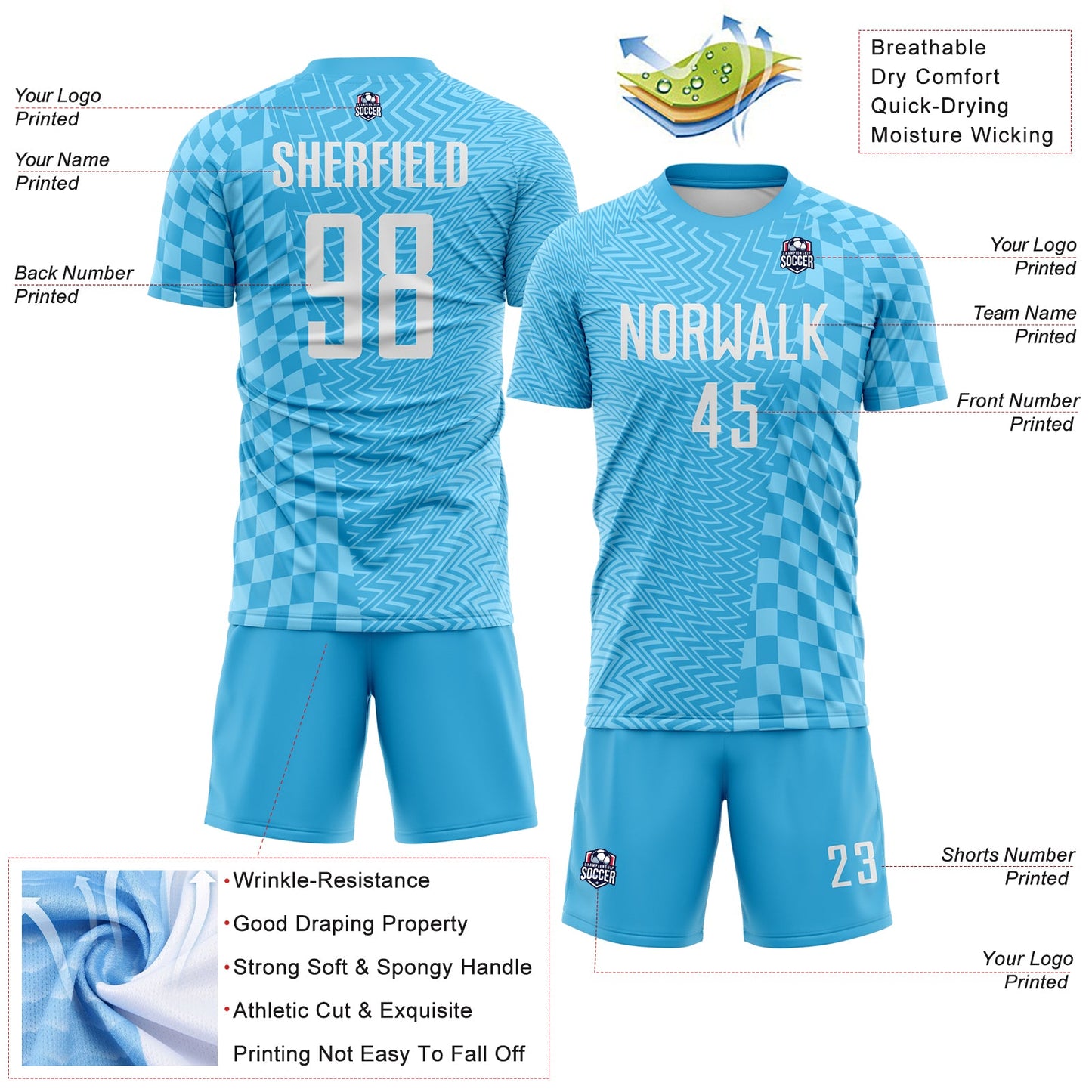 Custom Sky Blue-White Geometric Patchwork Asymmetry Checkered Zigzag Lines Sublimation Soccer Uniform Jersey view 4